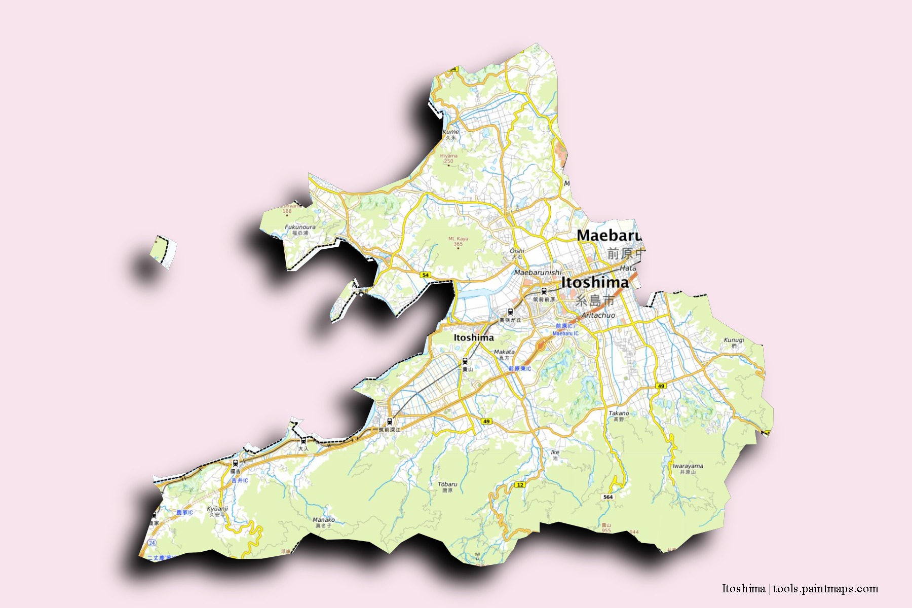 Itoshima neighborhoods and villages map with 3D shadow effect