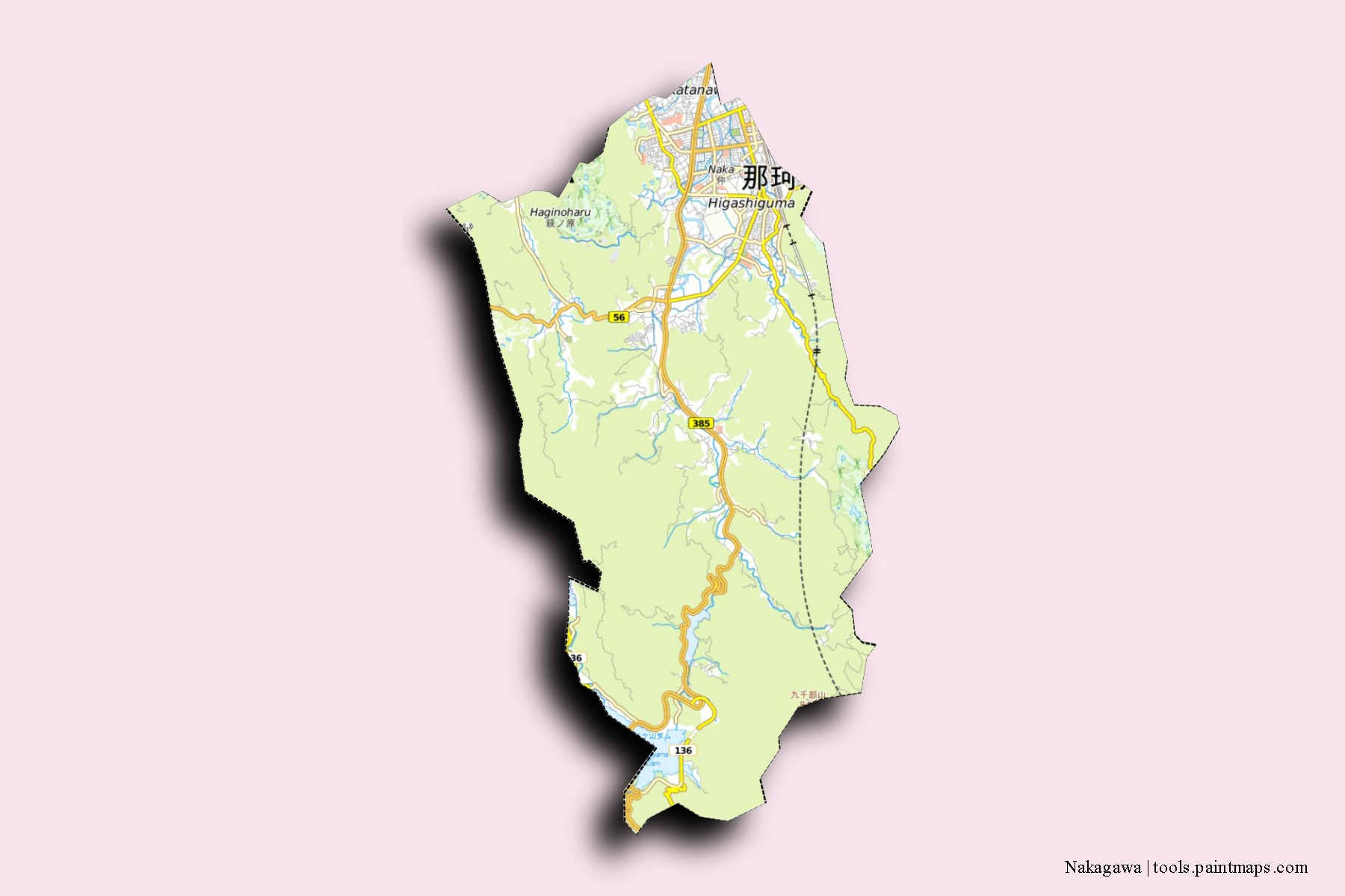 Mapa de barrios y pueblos de Nakagawa con efecto de sombra 3D