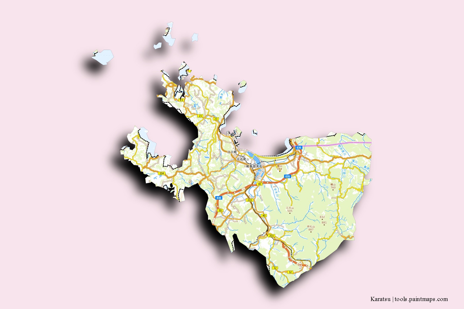 Karatsu neighborhoods and villages map with 3D shadow effect