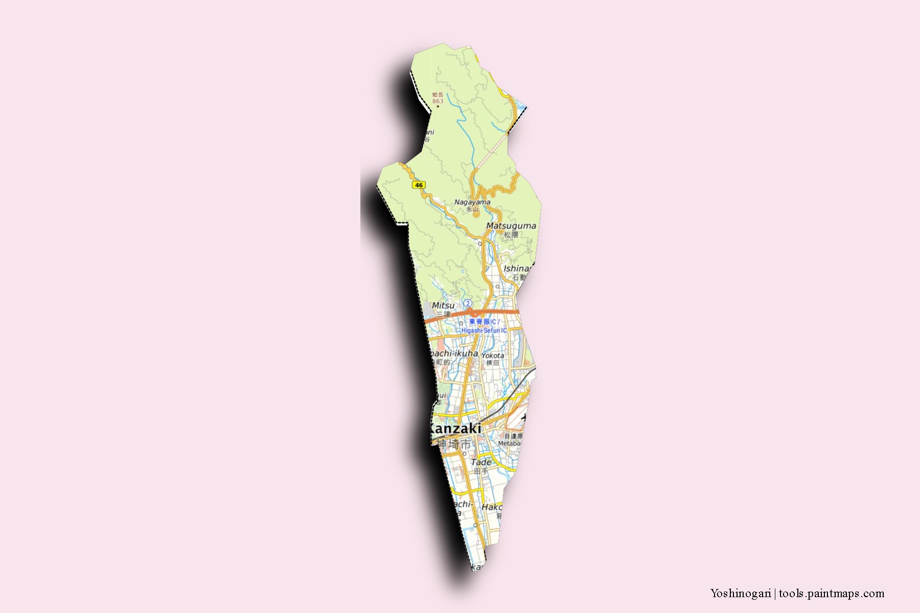 Mapa de barrios y pueblos de Yoshinogari con efecto de sombra 3D