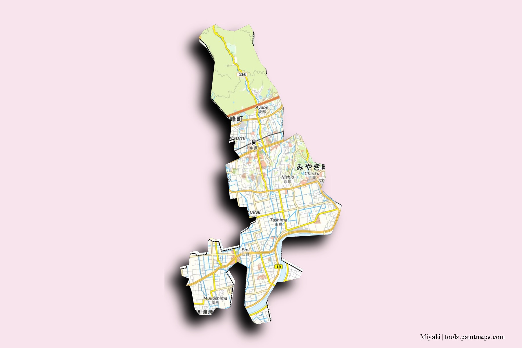 Miyaki neighborhoods and villages map with 3D shadow effect