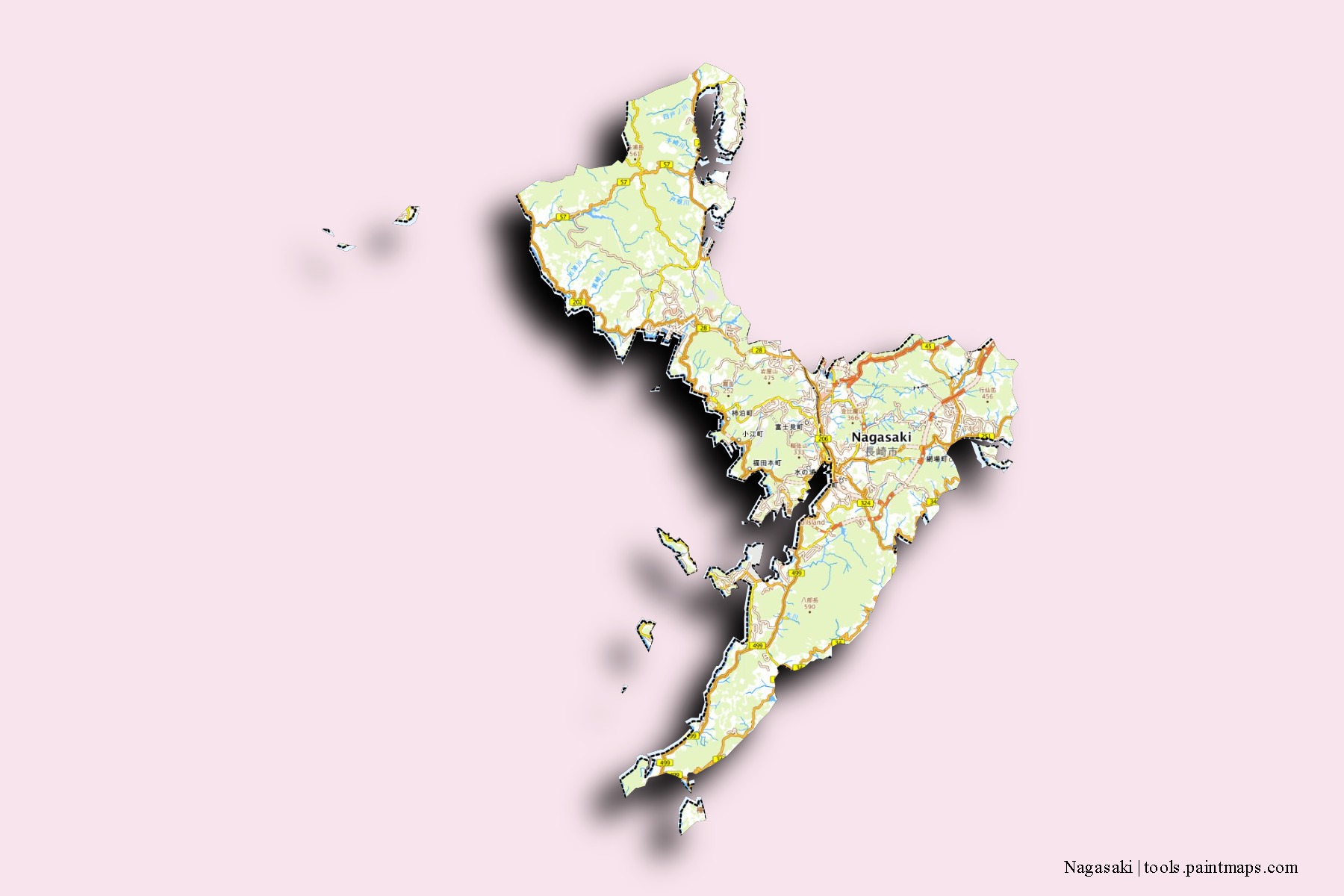 Mapa de barrios y pueblos de Nagasaki con efecto de sombra 3D