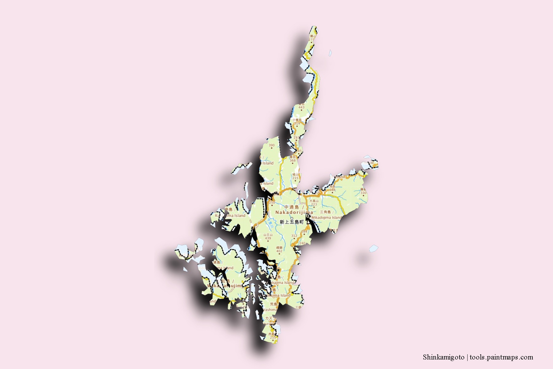 Mapa de barrios y pueblos de Shinkamigoto con efecto de sombra 3D