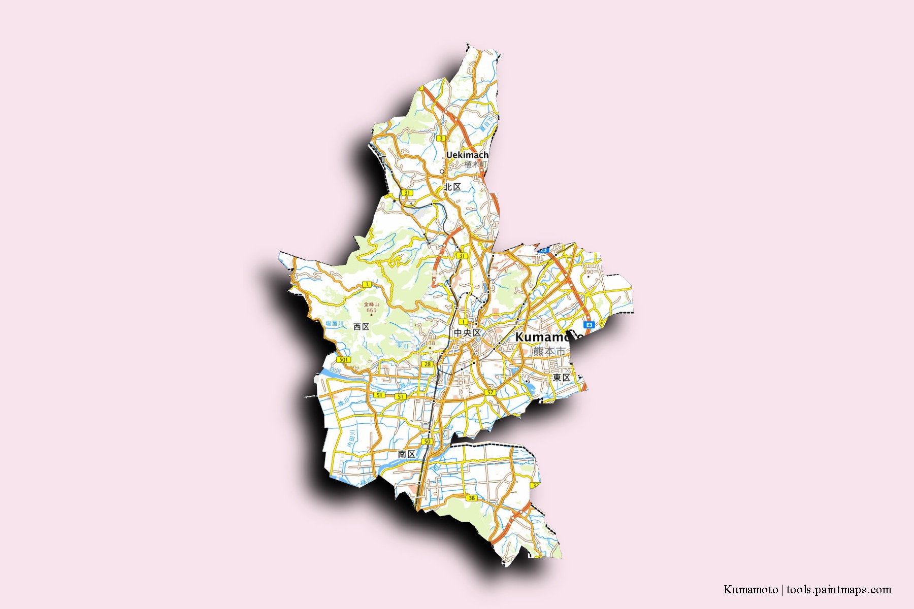 Mapa de barrios y pueblos de Kumamoto con efecto de sombra 3D