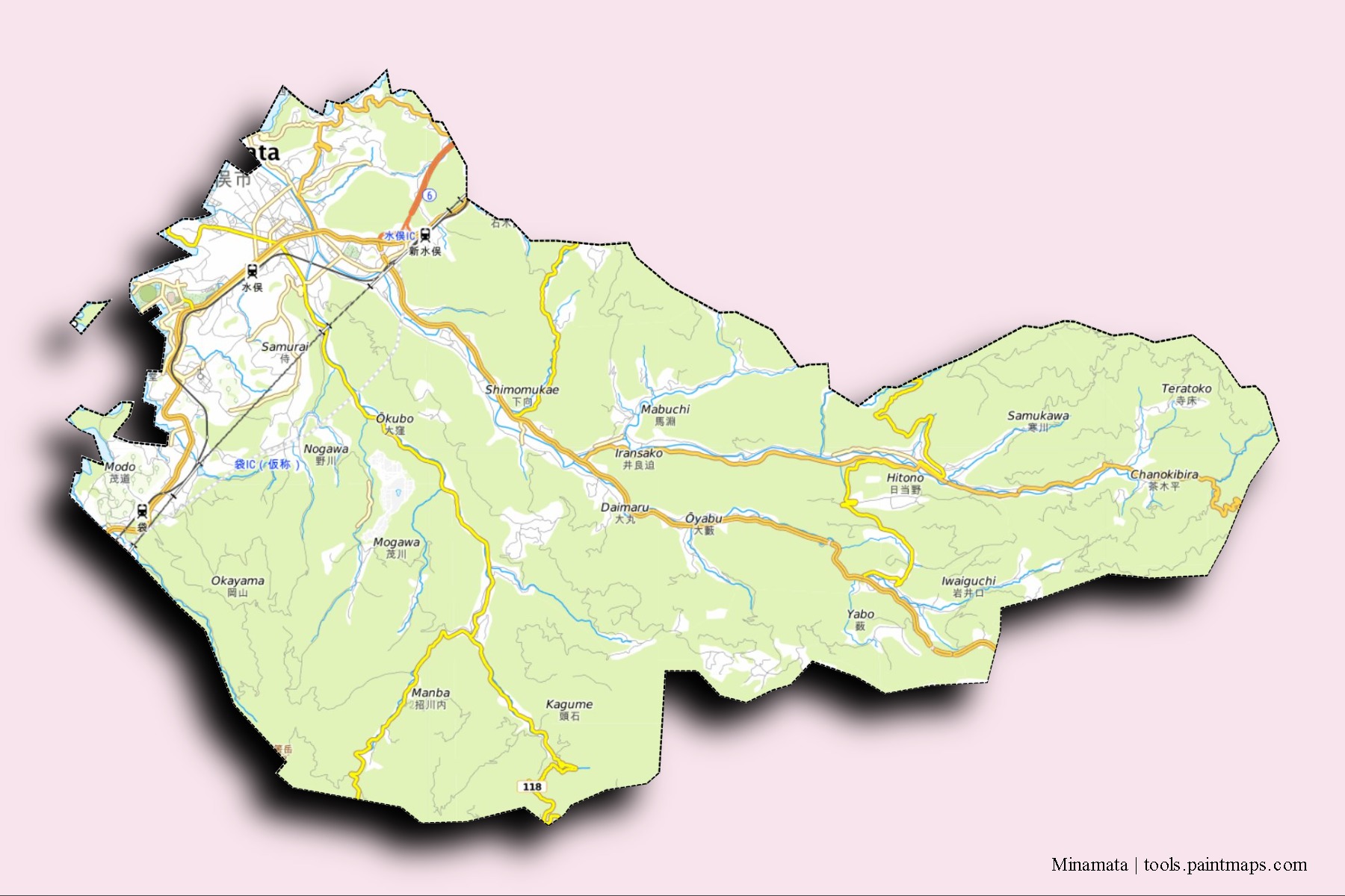 Mapa de barrios y pueblos de Minamata con efecto de sombra 3D