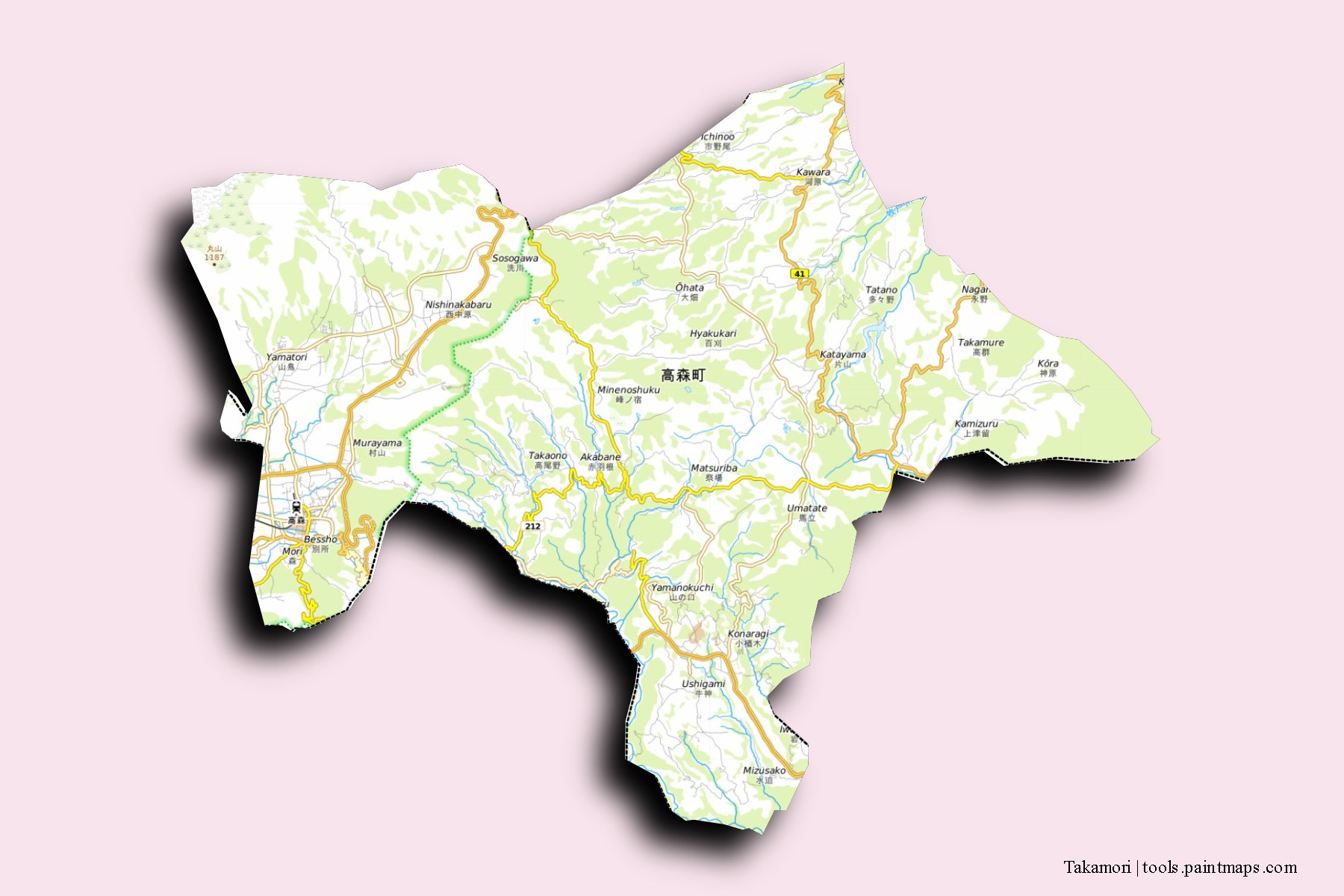 Mapa de barrios y pueblos de Takamori con efecto de sombra 3D