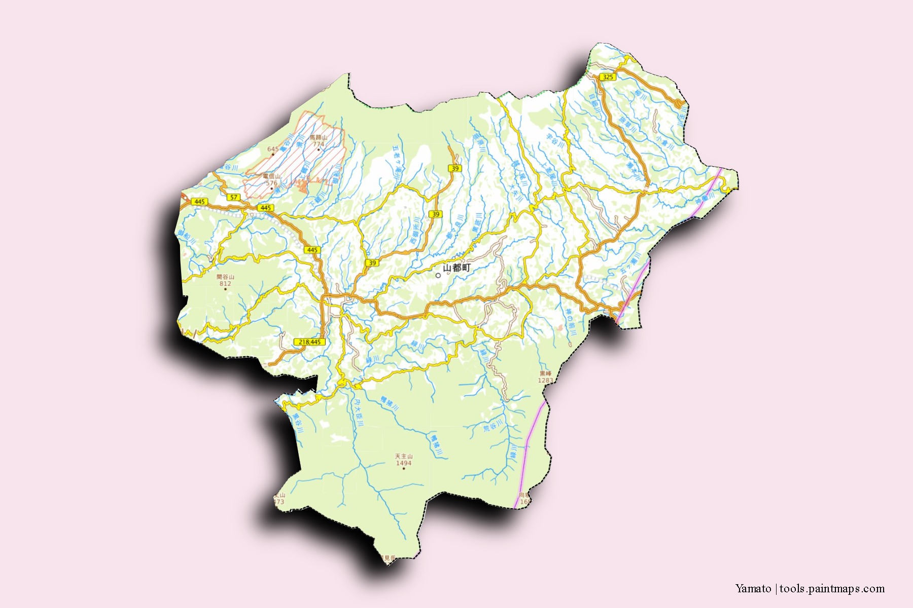 Mapa de barrios y pueblos de Yamato con efecto de sombra 3D