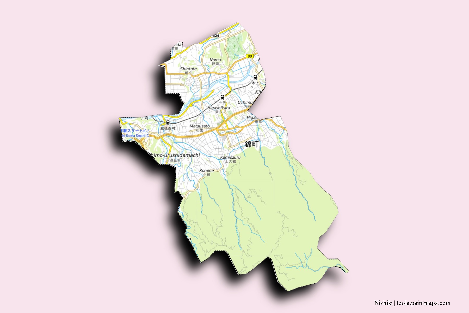 Mapa de barrios y pueblos de Nishiki con efecto de sombra 3D