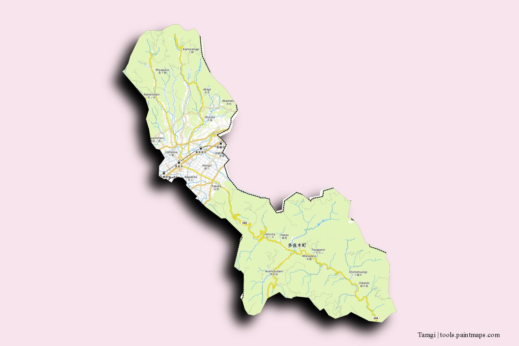 Mapa de barrios y pueblos de Taragi con efecto de sombra 3D