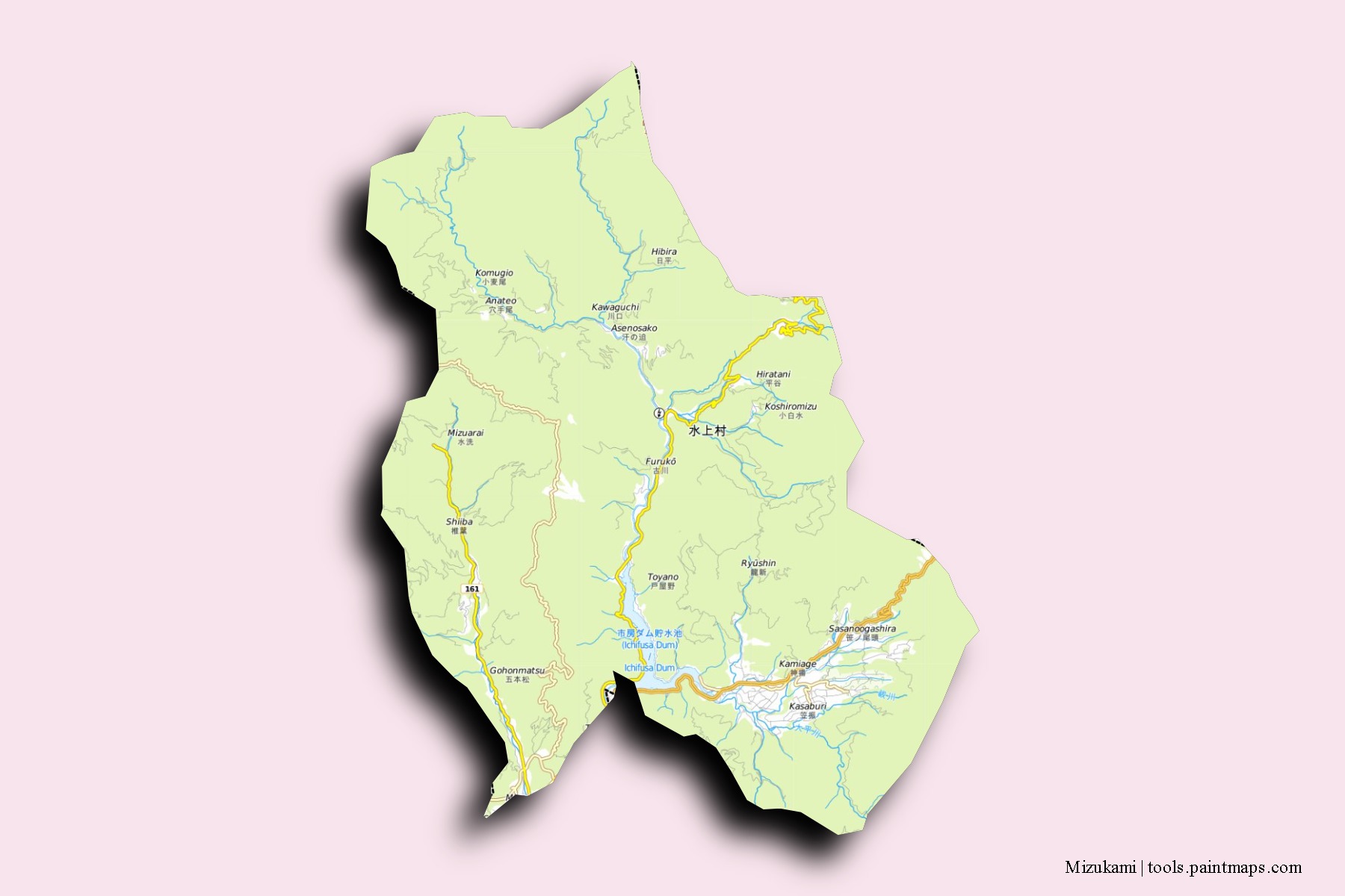 Mapa de barrios y pueblos de Mizukami con efecto de sombra 3D