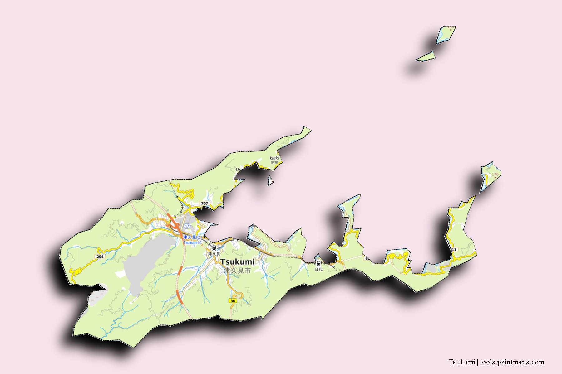 Tsukumi neighborhoods and villages map with 3D shadow effect