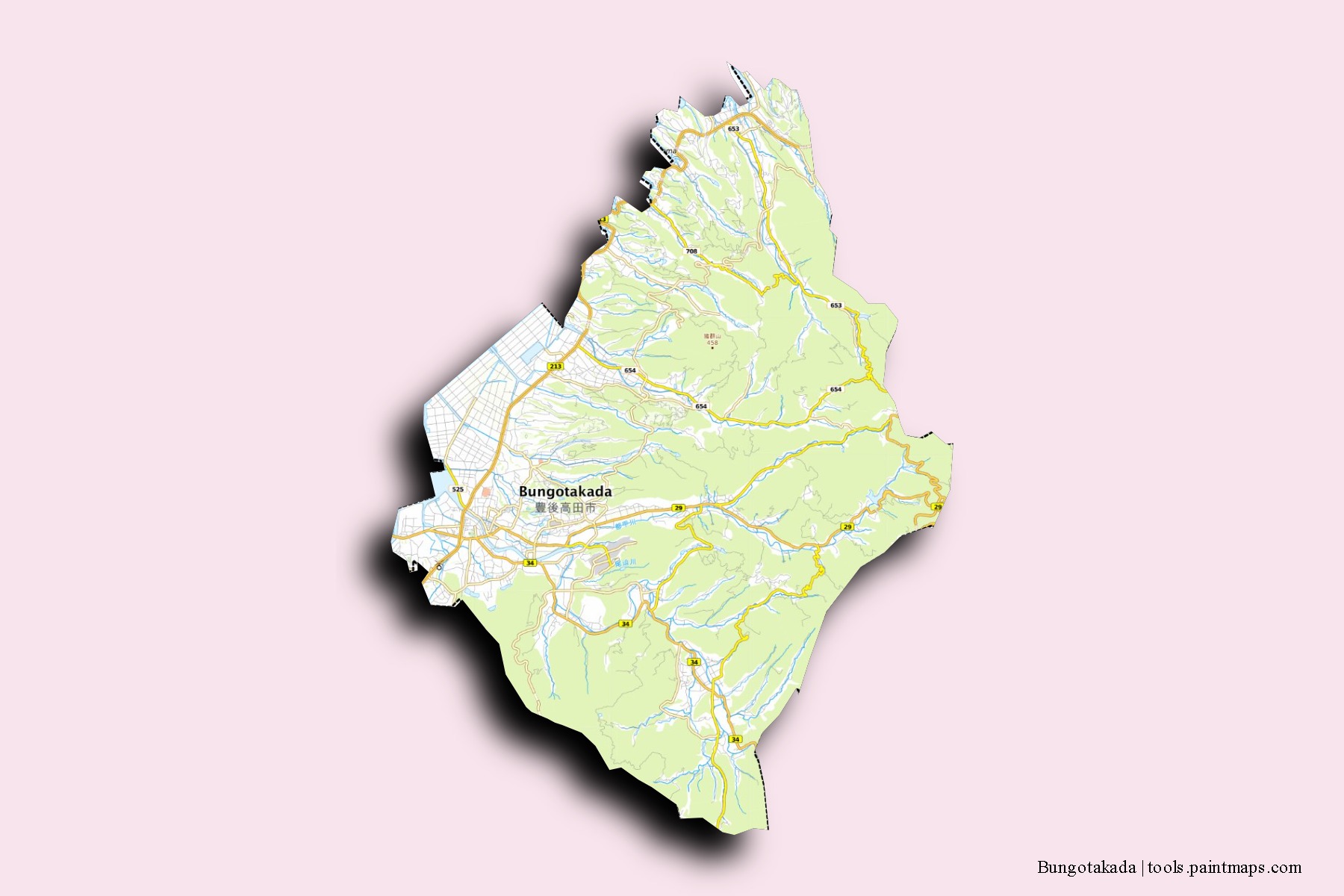 Mapa de barrios y pueblos de Bungotakada con efecto de sombra 3D