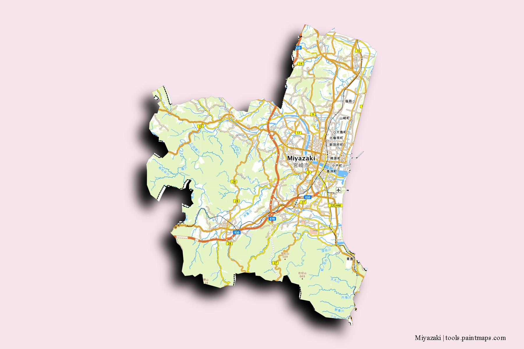 Mapa de barrios y pueblos de Miyazaki con efecto de sombra 3D