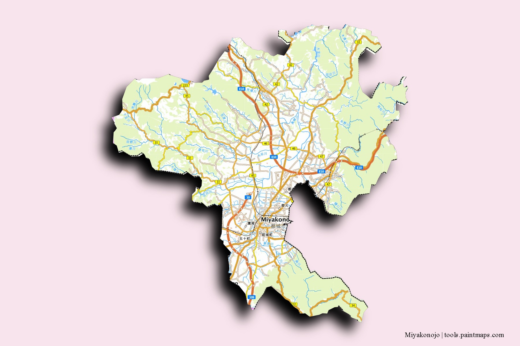 Mapa de barrios y pueblos de Miyakonojo con efecto de sombra 3D