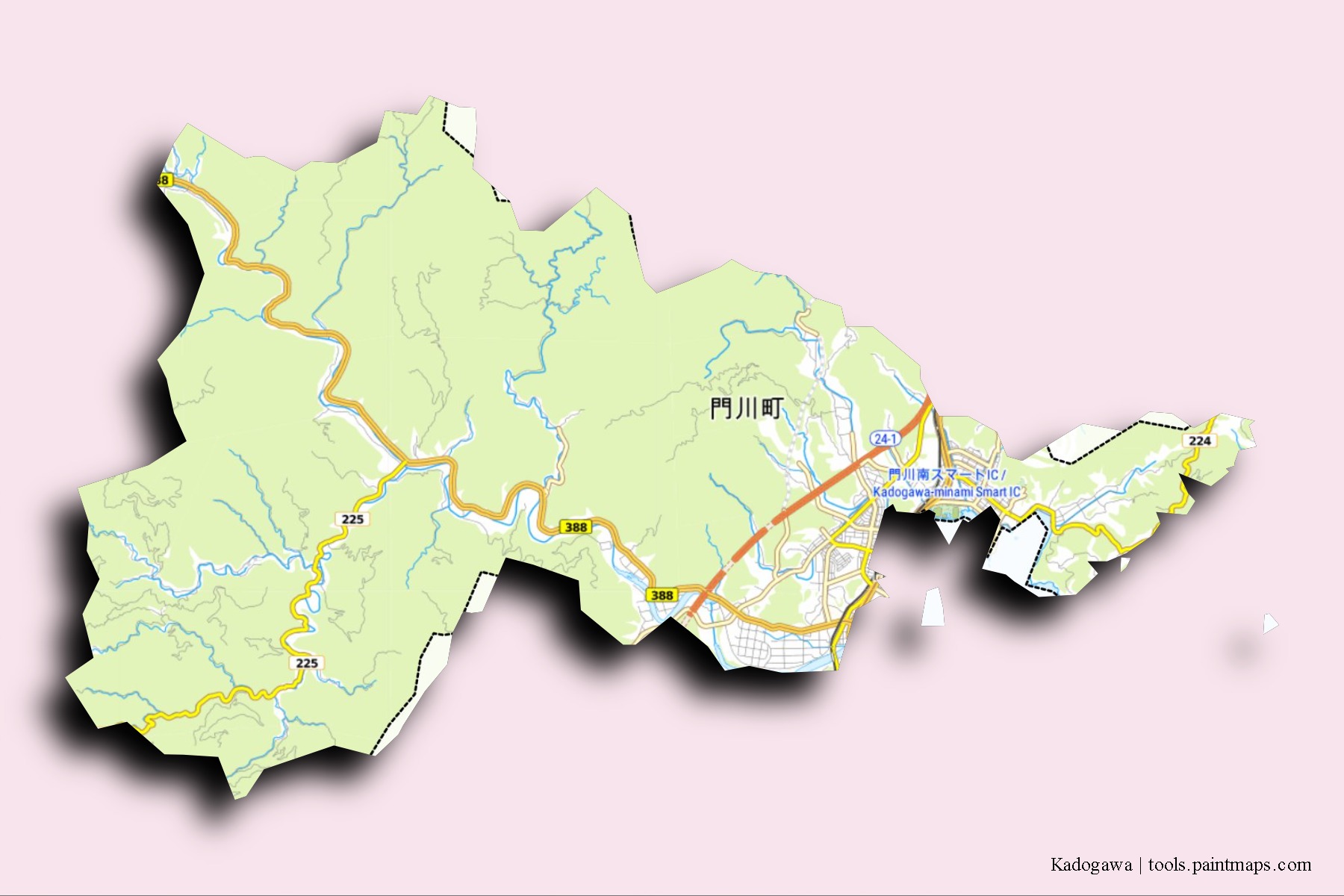 3D gölge efektli Kadogawa mahalleleri ve köyleri haritası