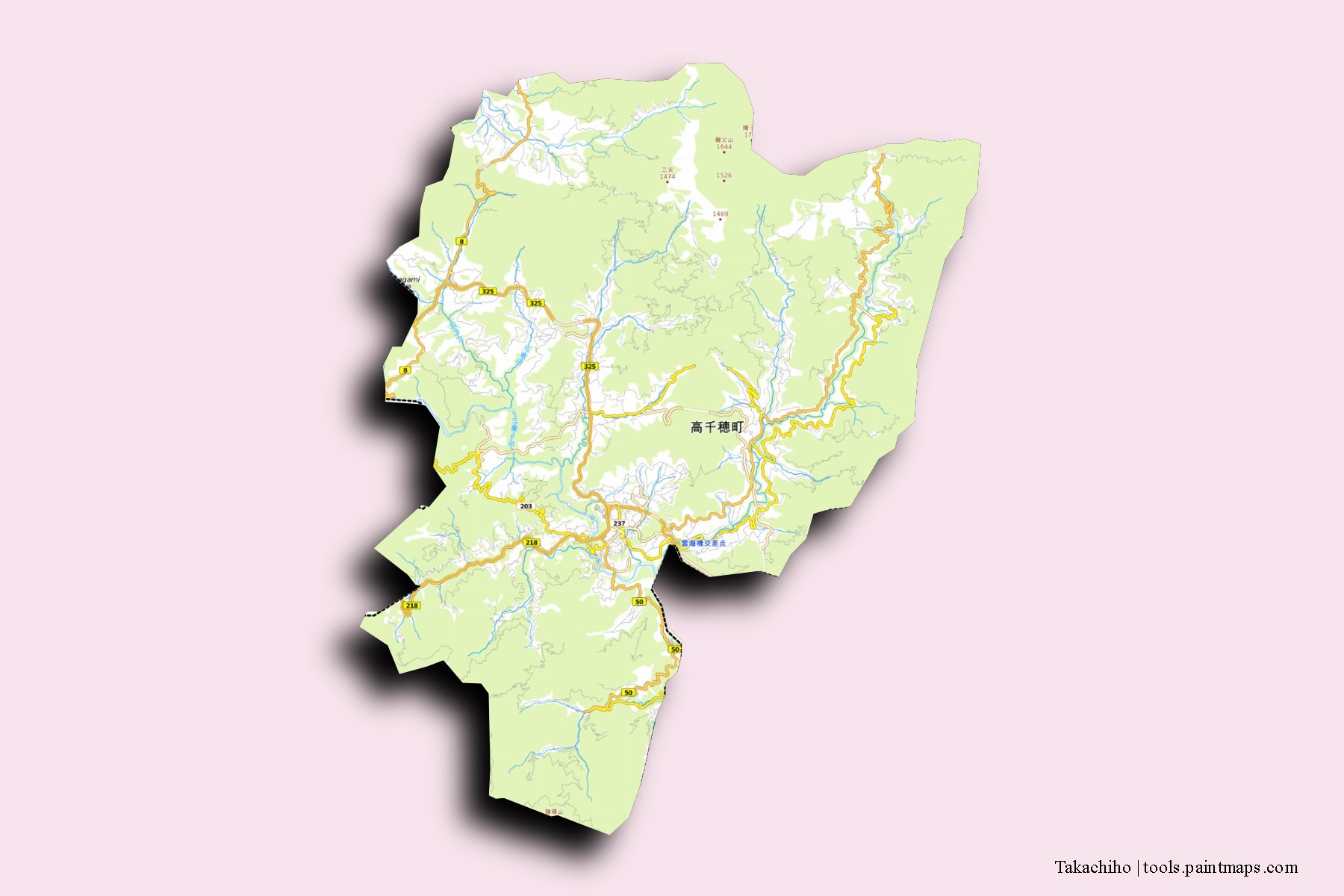 Takachiho neighborhoods and villages map with 3D shadow effect