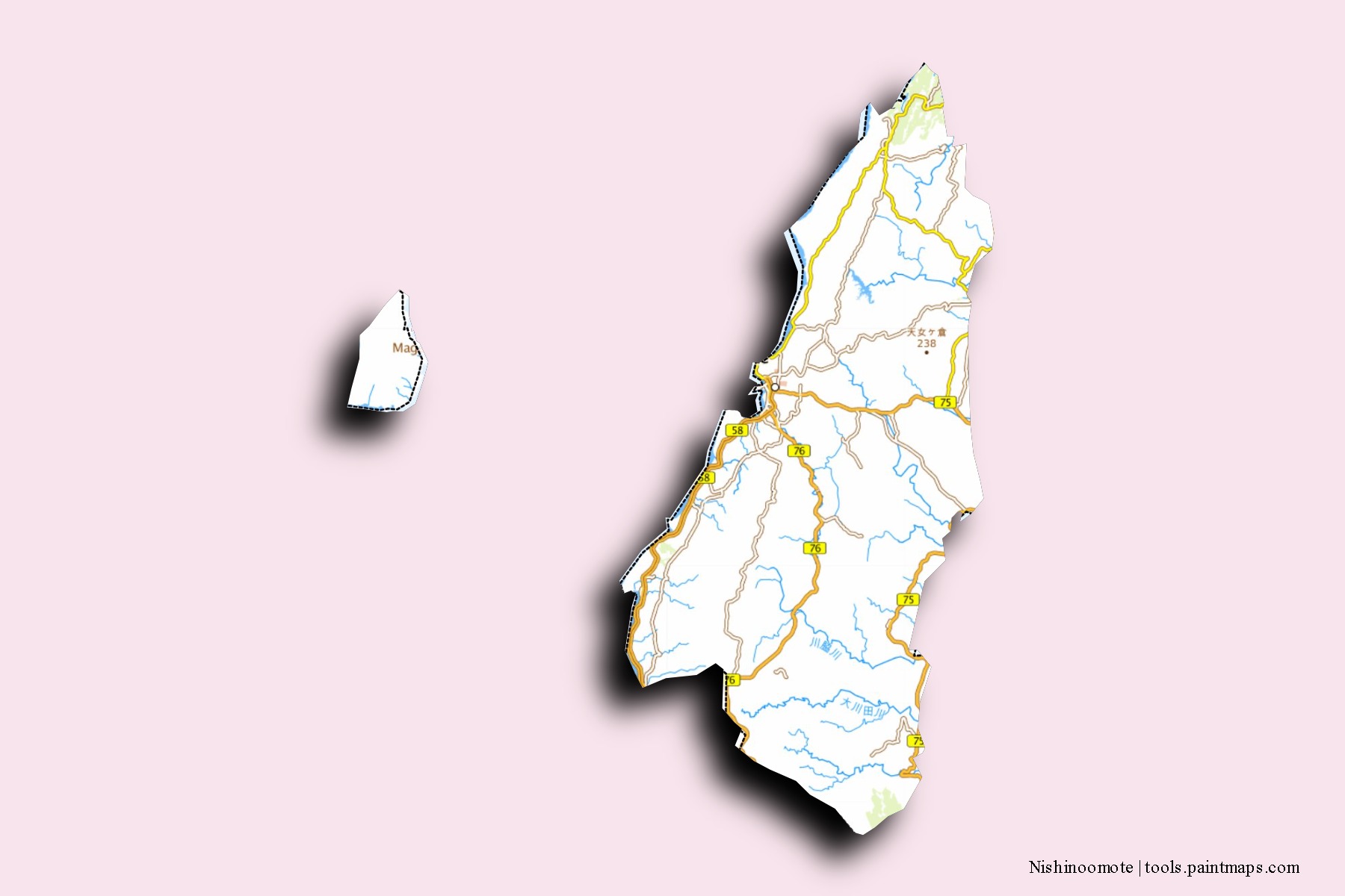 Nishinoomote neighborhoods and villages map with 3D shadow effect