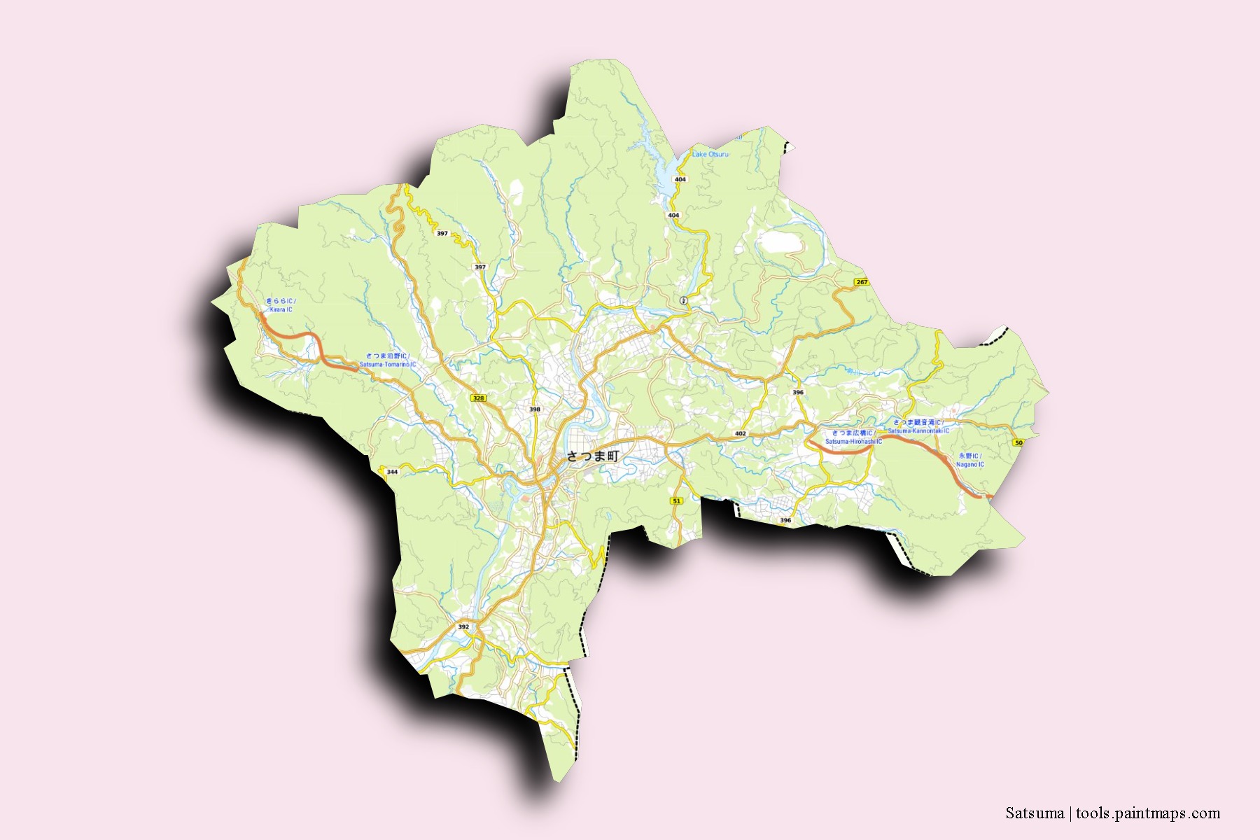 Mapa de barrios y pueblos de Satsuma con efecto de sombra 3D