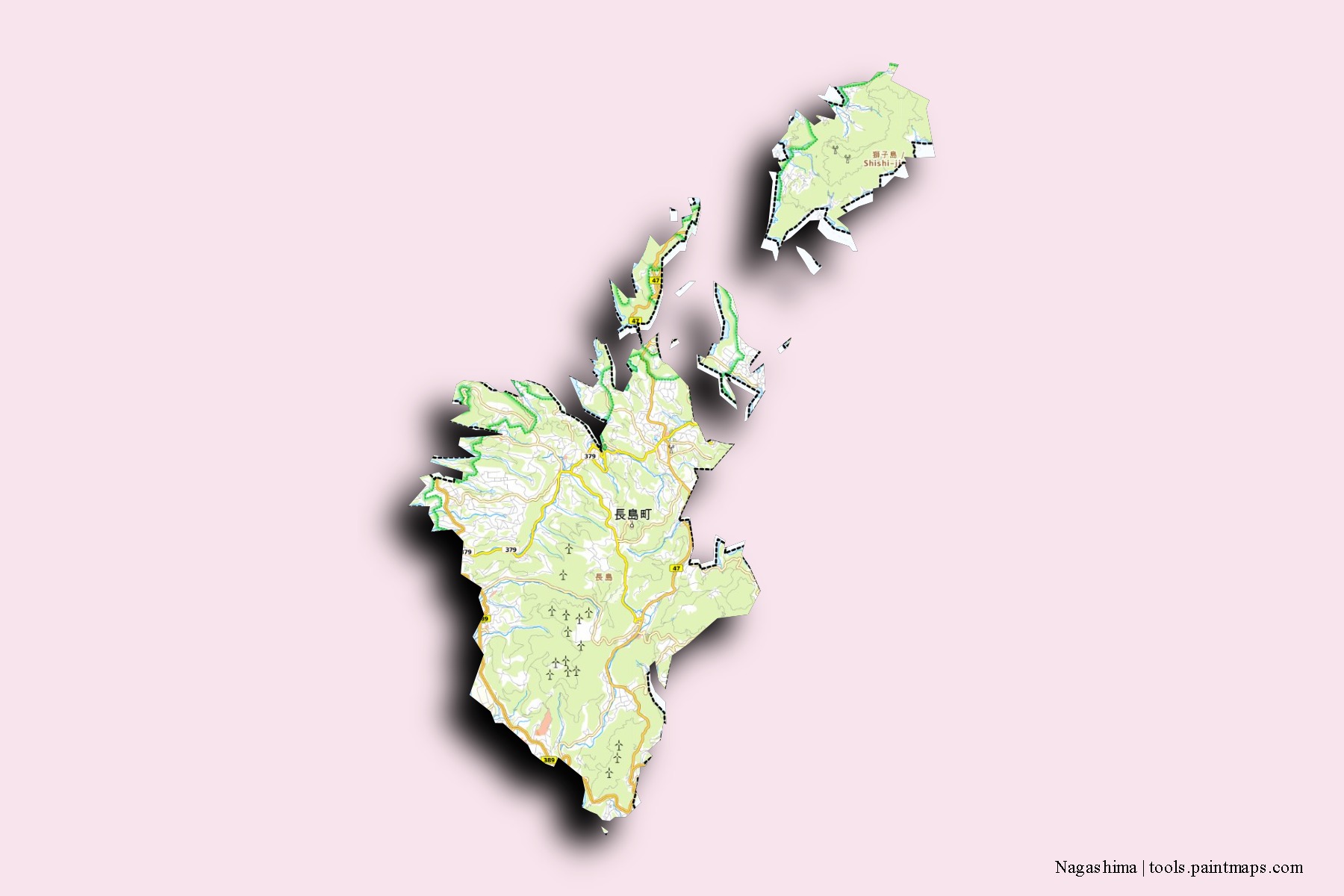 Nagashima neighborhoods and villages map with 3D shadow effect