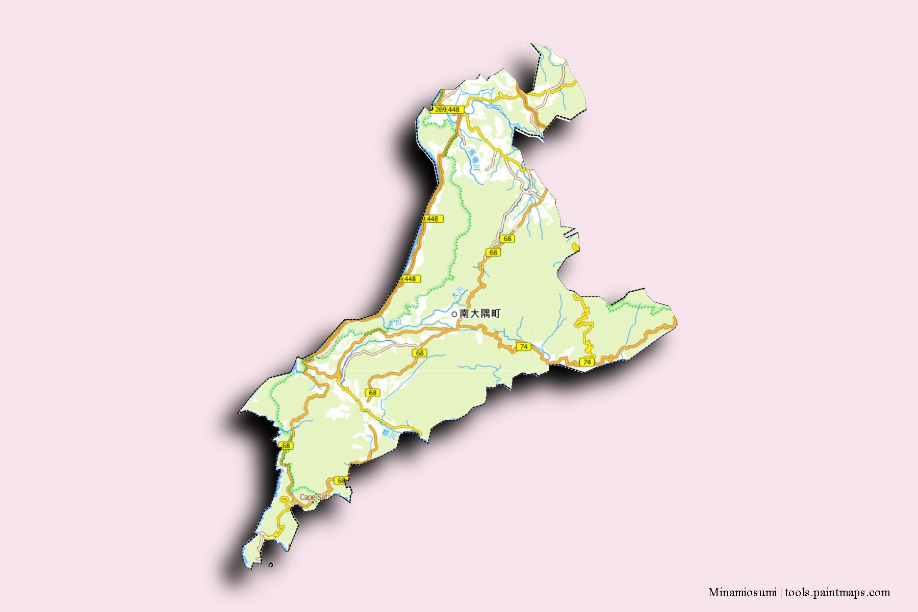 Minamiosumi neighborhoods and villages map with 3D shadow effect