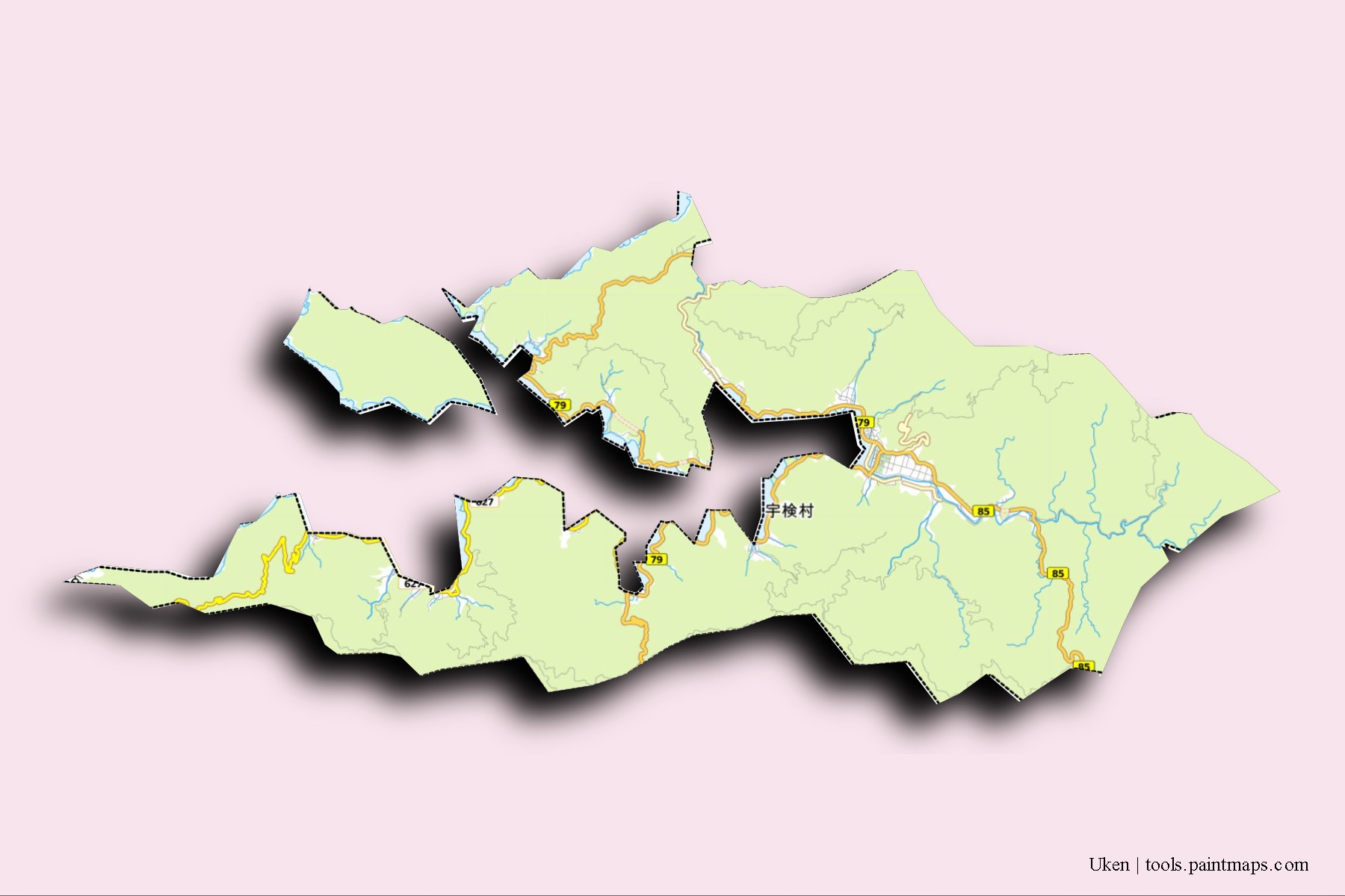 Uken neighborhoods and villages map with 3D shadow effect