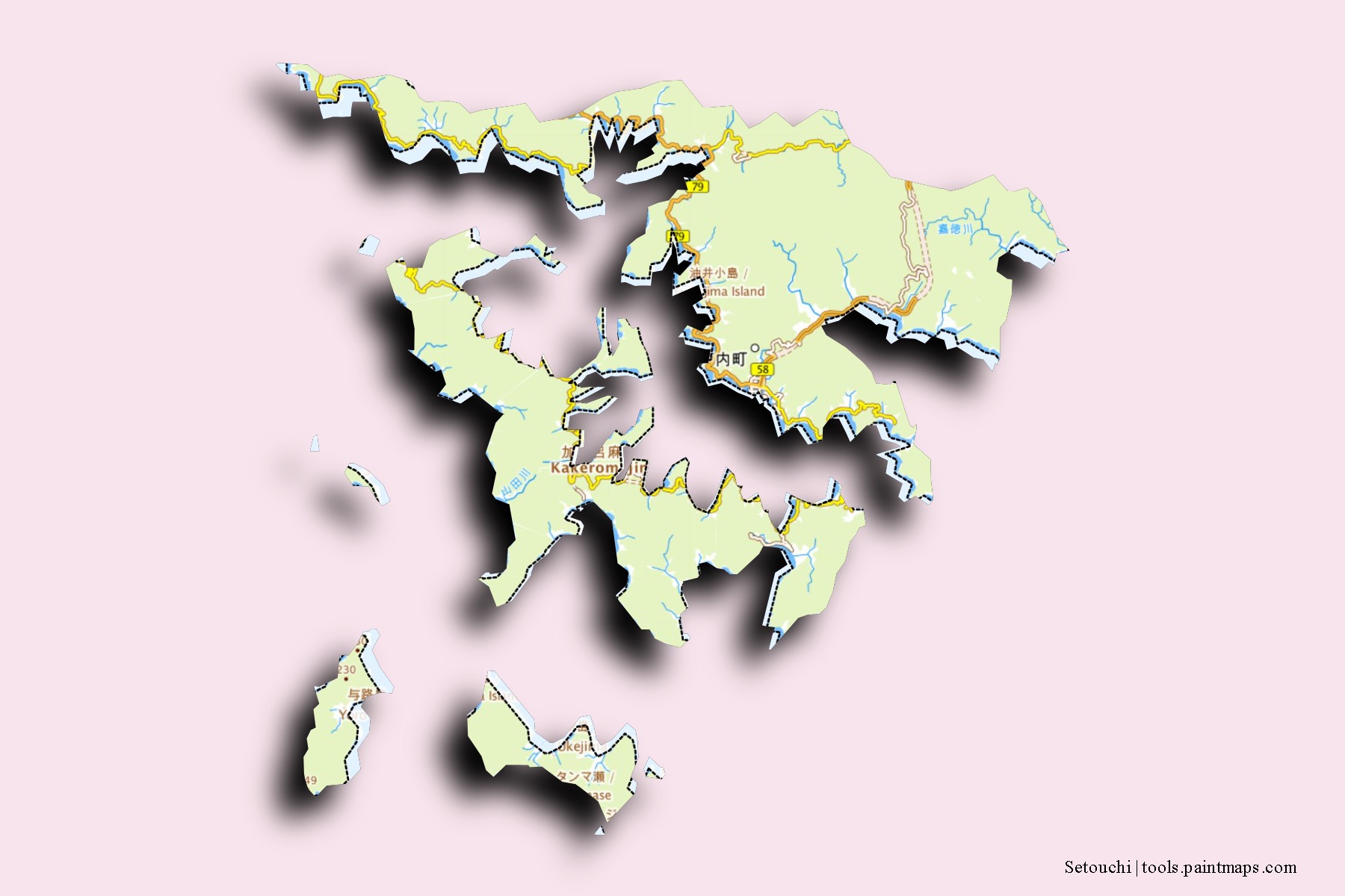 Mapa de barrios y pueblos de Setouchi con efecto de sombra 3D