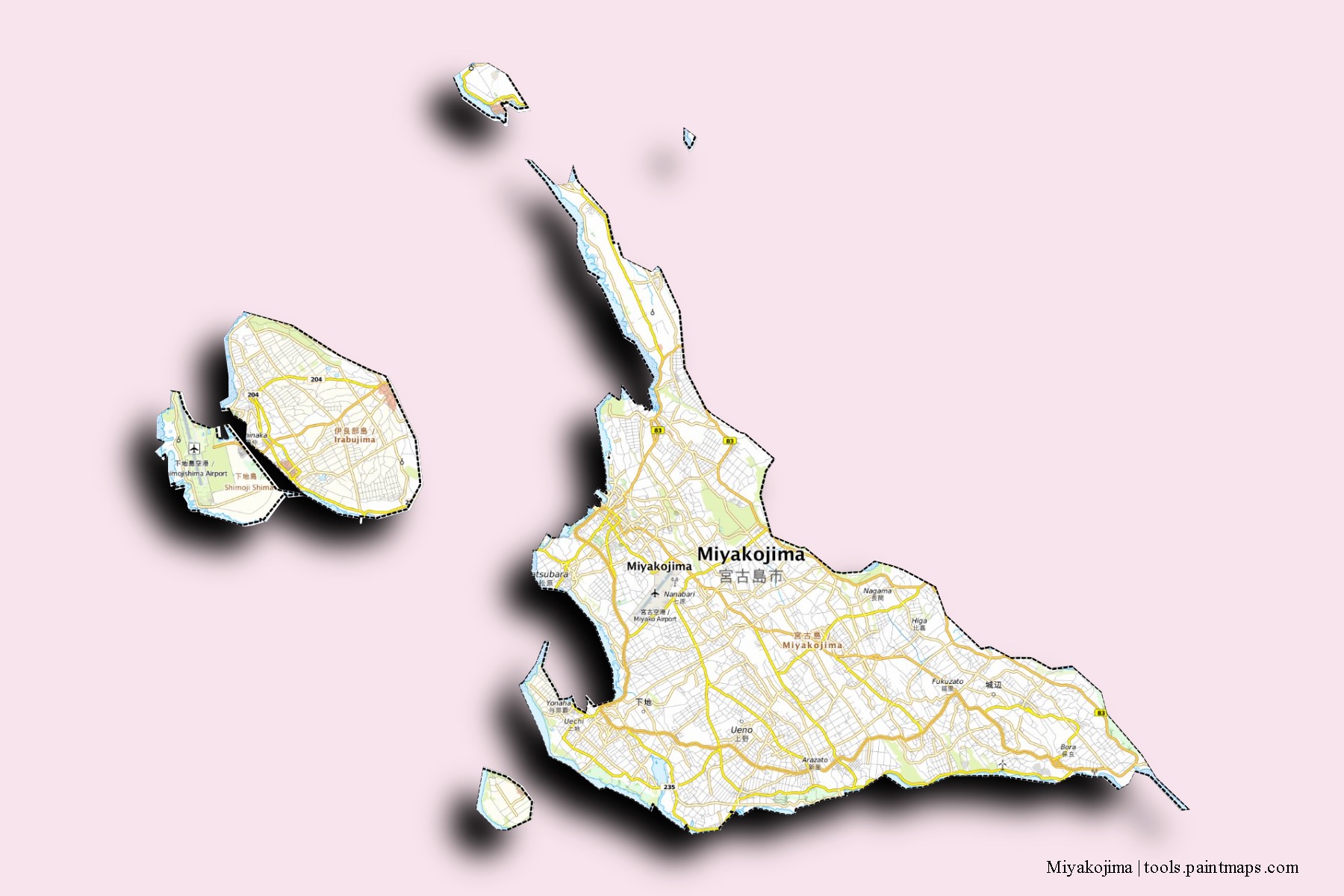 Miyakojima neighborhoods and villages map with 3D shadow effect