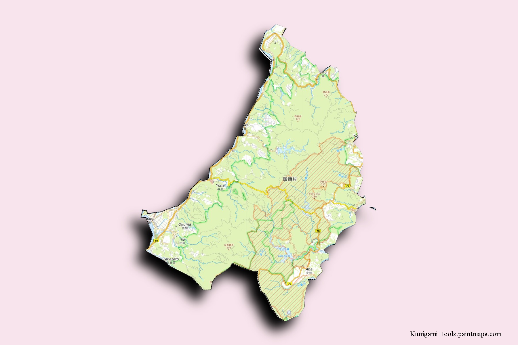 Mapa de barrios y pueblos de Kunigami con efecto de sombra 3D