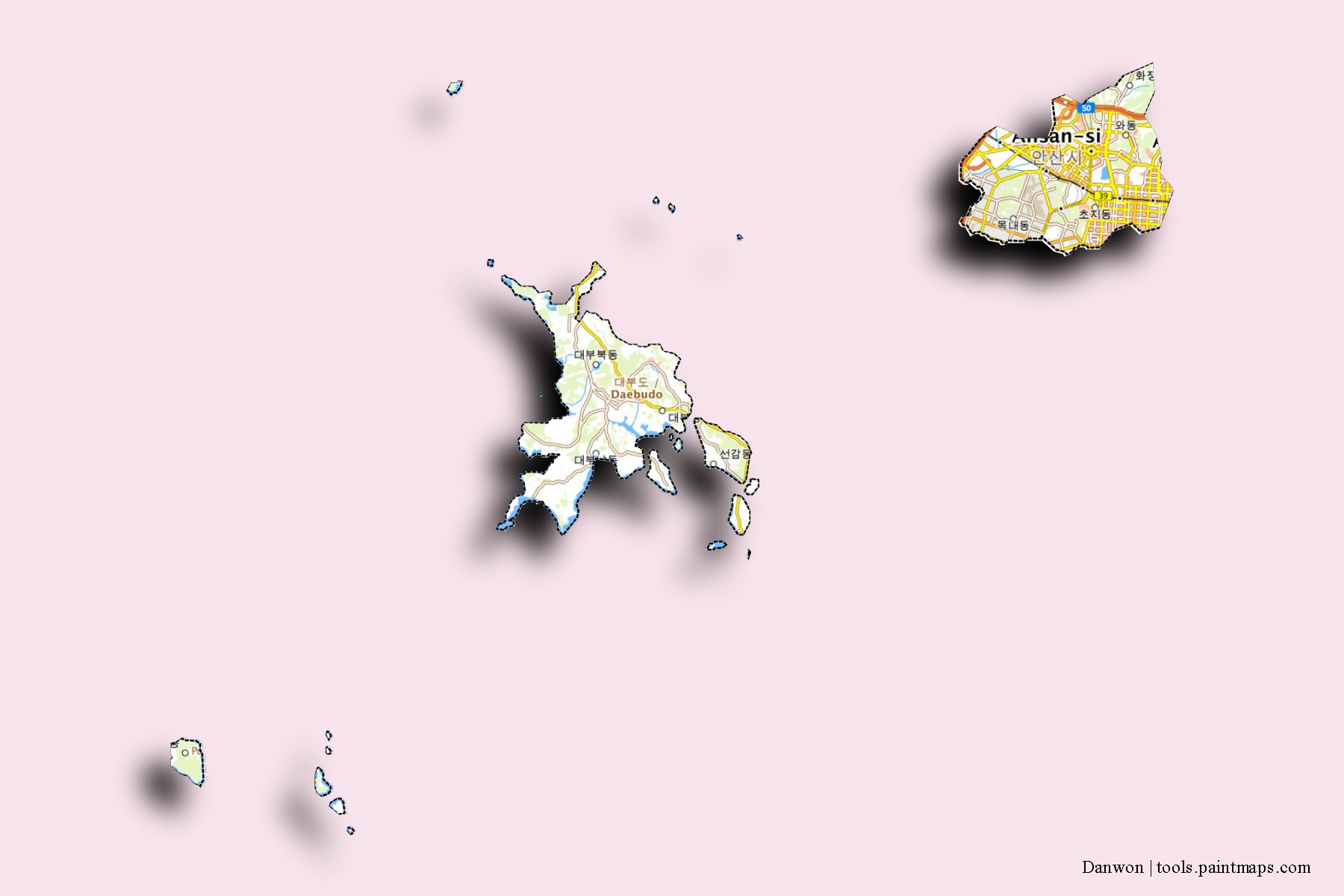 Mapa de barrios y pueblos de Danwon con efecto de sombra 3D