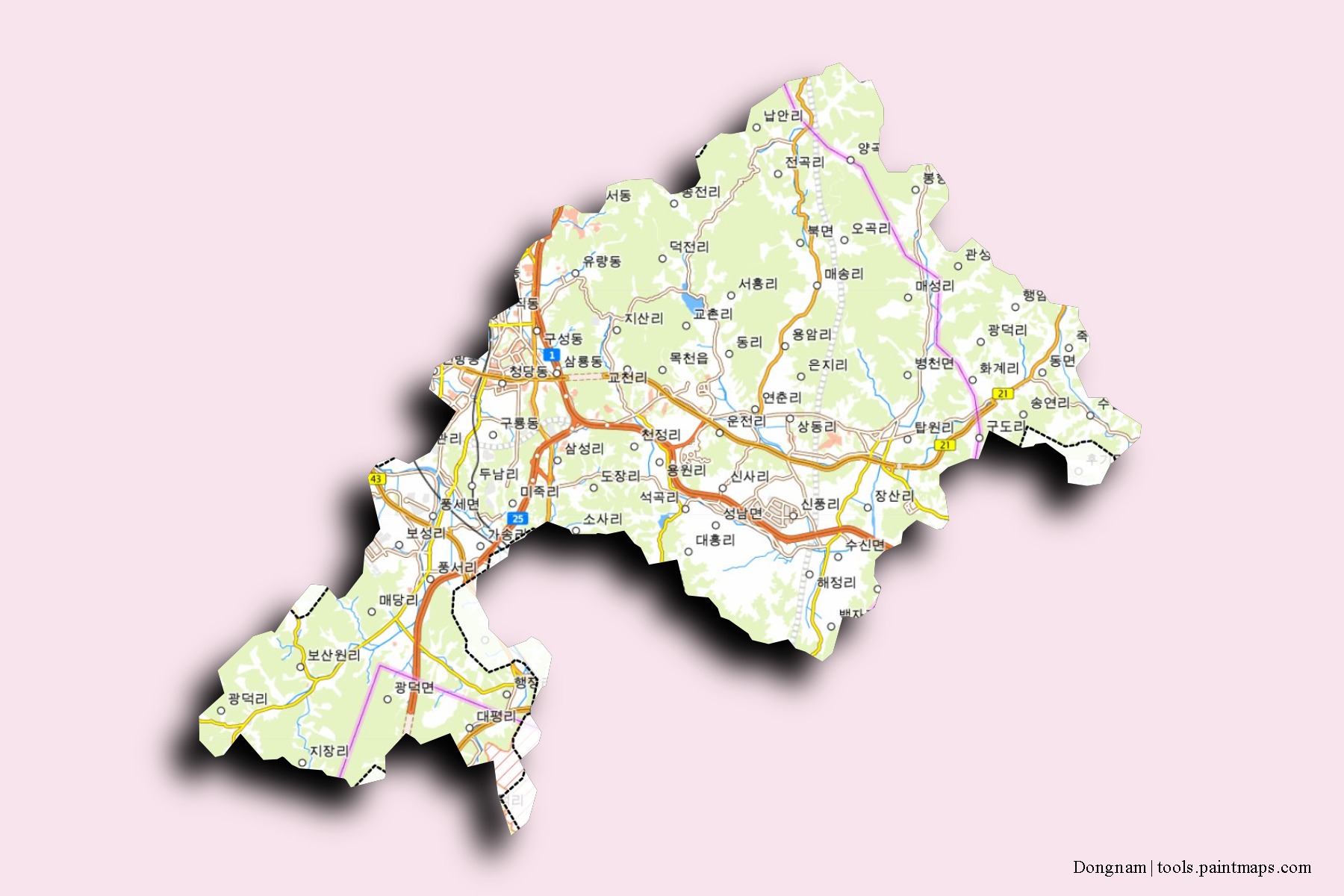 Mapa de barrios y pueblos de Dongnam con efecto de sombra 3D