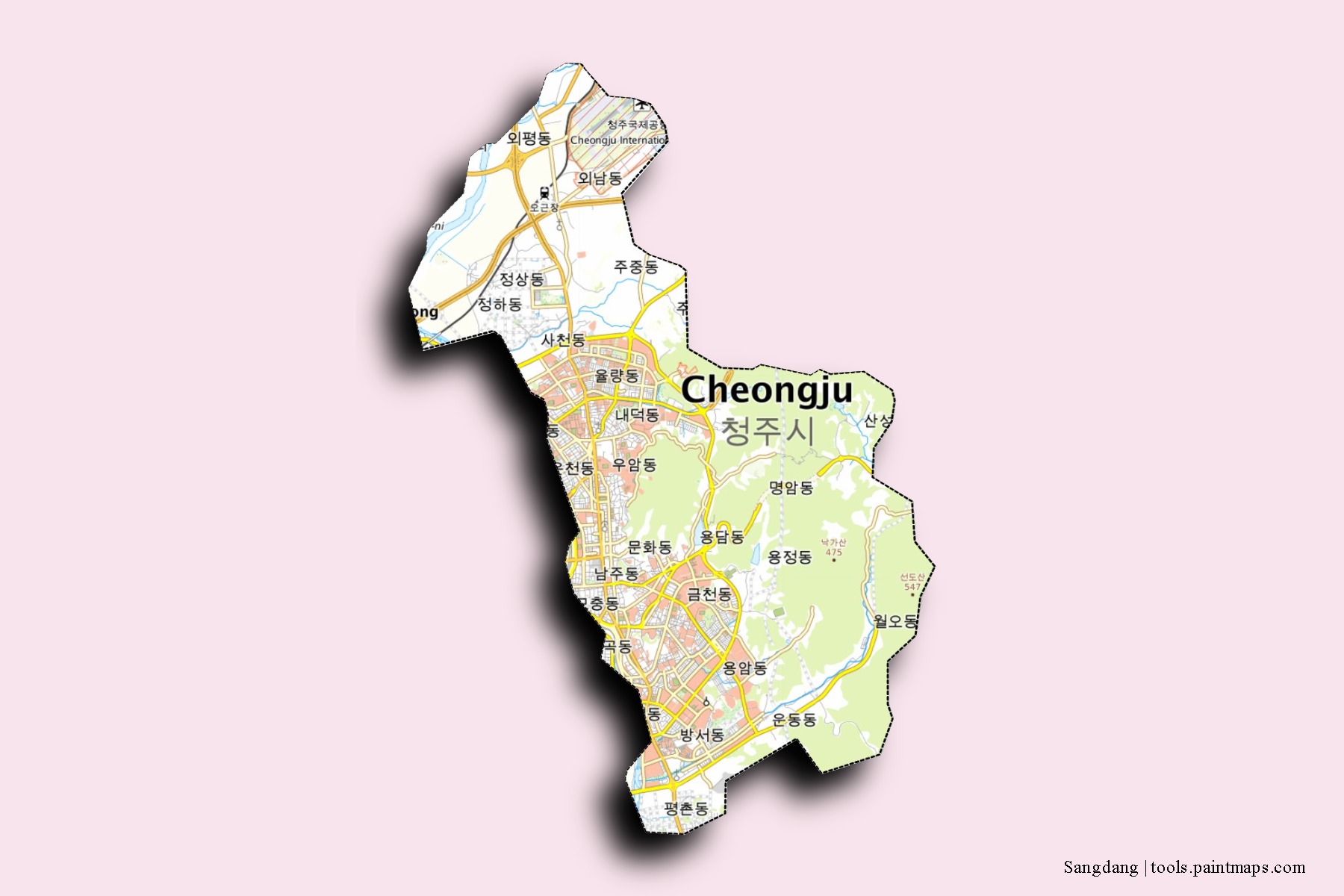 Mapa de barrios y pueblos de Sangdang con efecto de sombra 3D