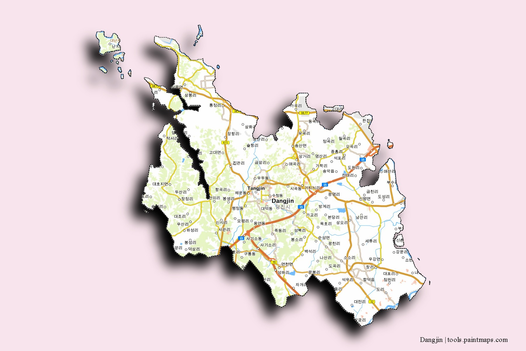 Mapa de barrios y pueblos de Dangjin con efecto de sombra 3D