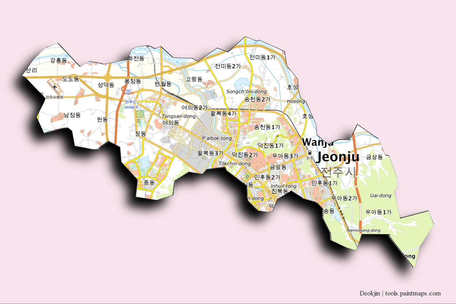 Mapa de barrios y pueblos de Deokjin con efecto de sombra 3D