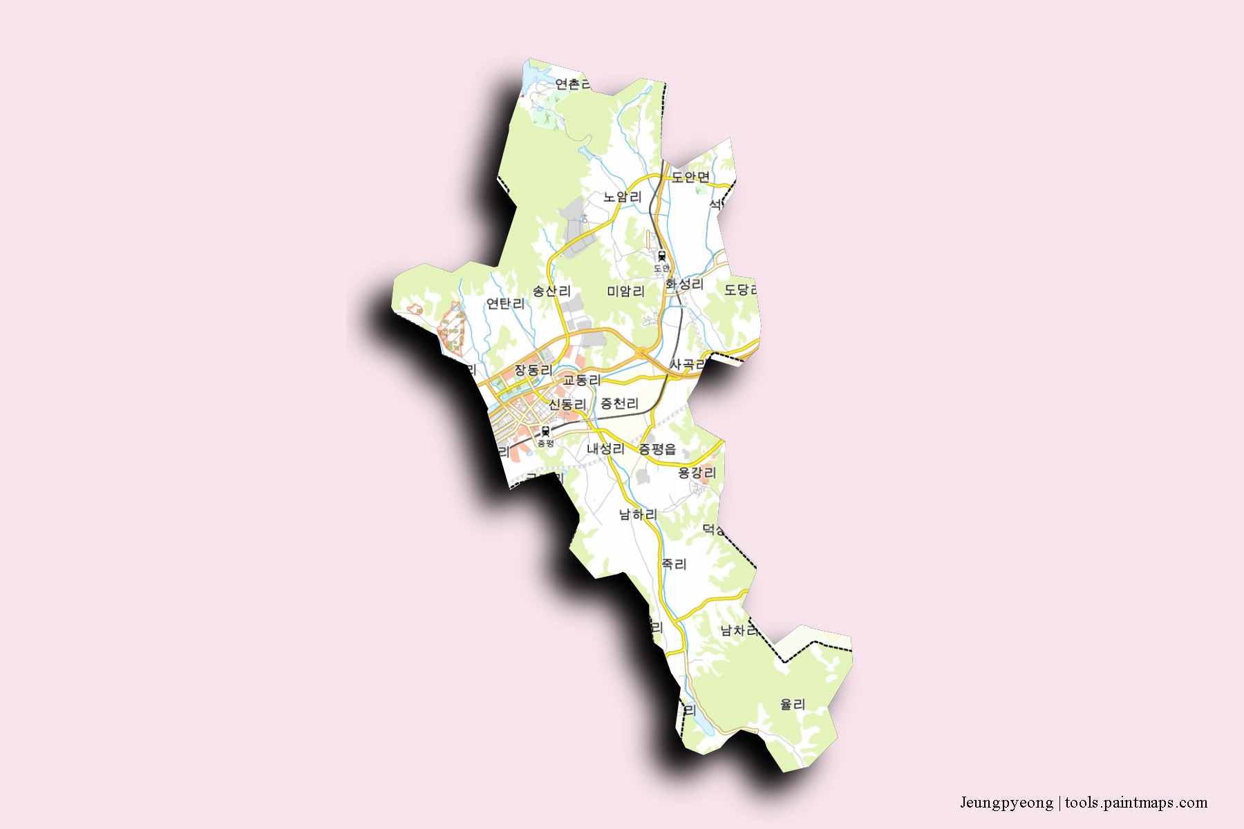 Mapa de barrios y pueblos de Jeungpyeong con efecto de sombra 3D