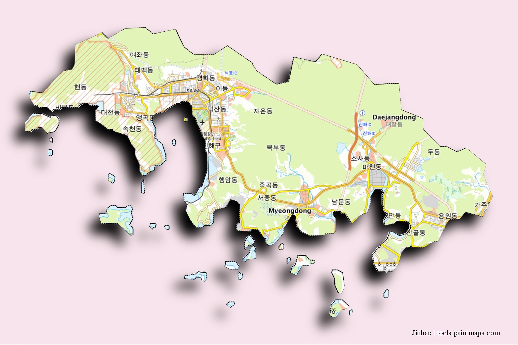 3D gölge efektli Jinhae mahalleleri ve köyleri haritası