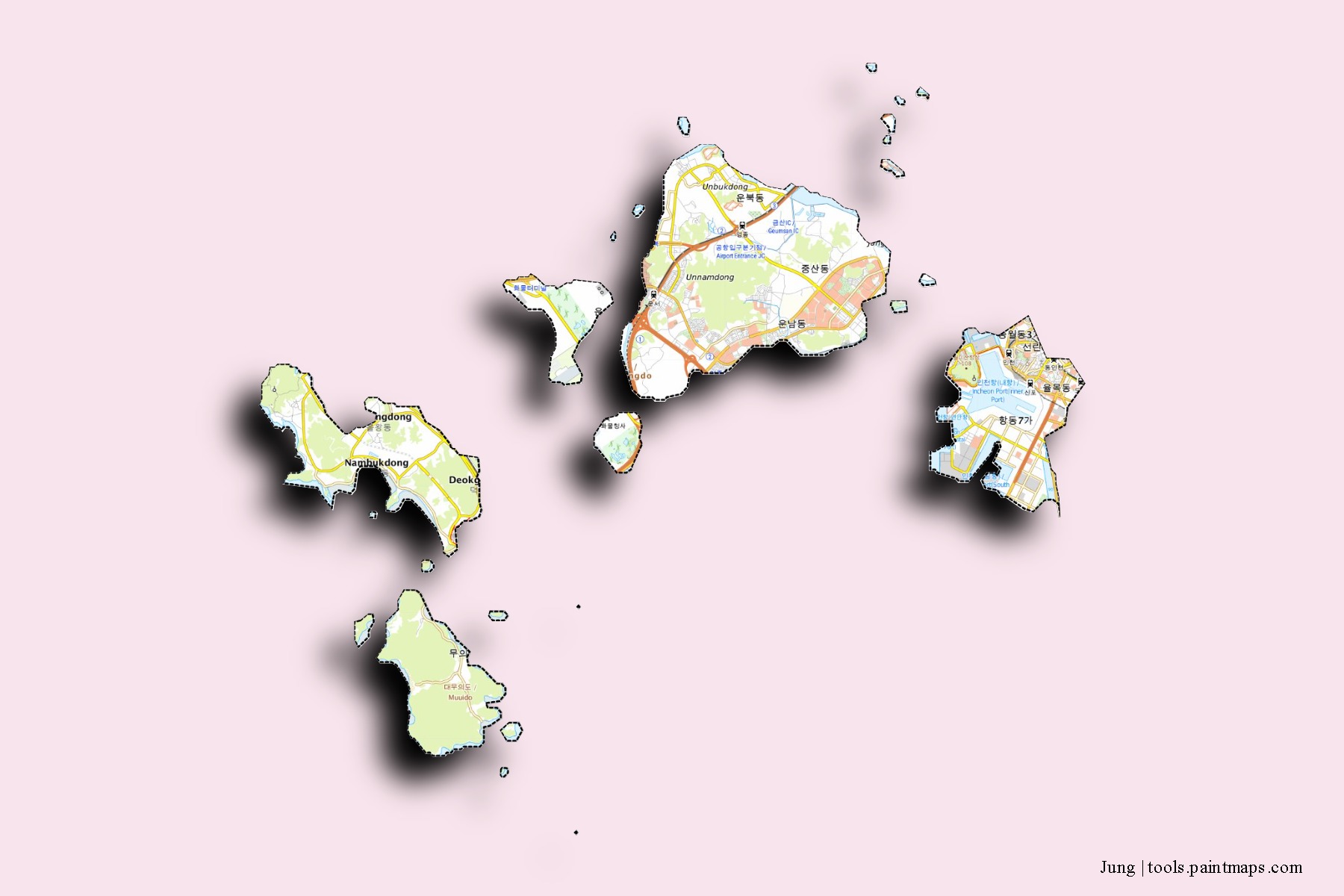 Mapa de barrios y pueblos de Jung con efecto de sombra 3D