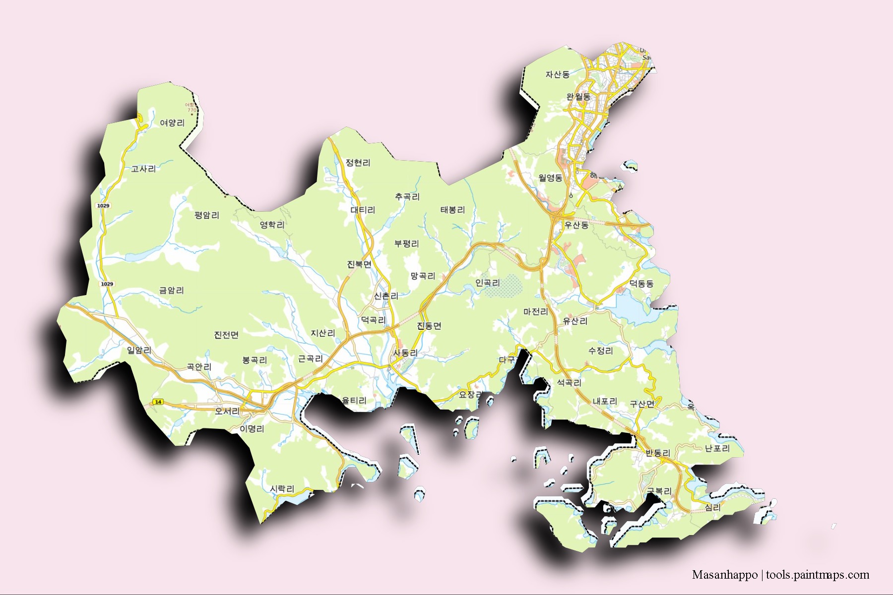 Mapa de barrios y pueblos de Masanhappo con efecto de sombra 3D