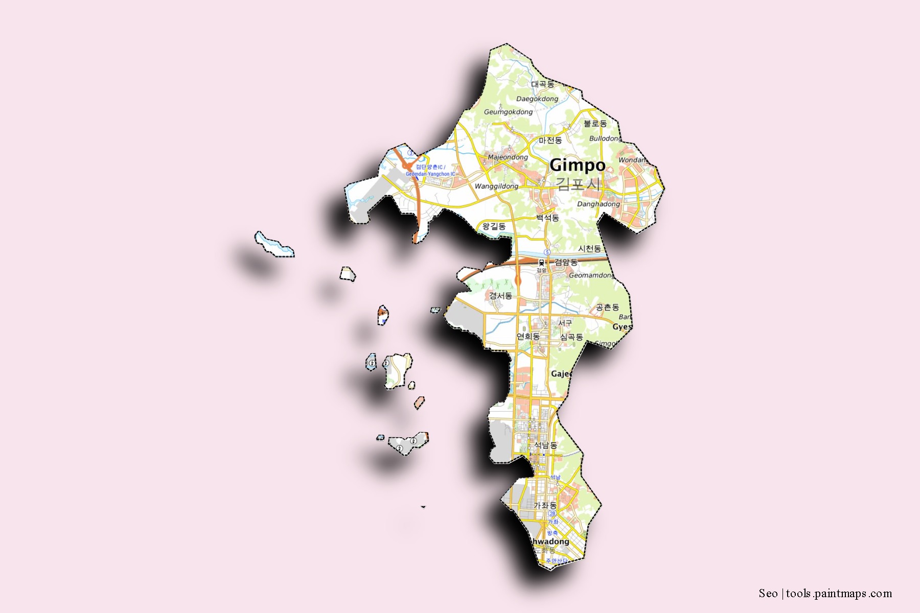 Seo neighborhoods and villages map with 3D shadow effect