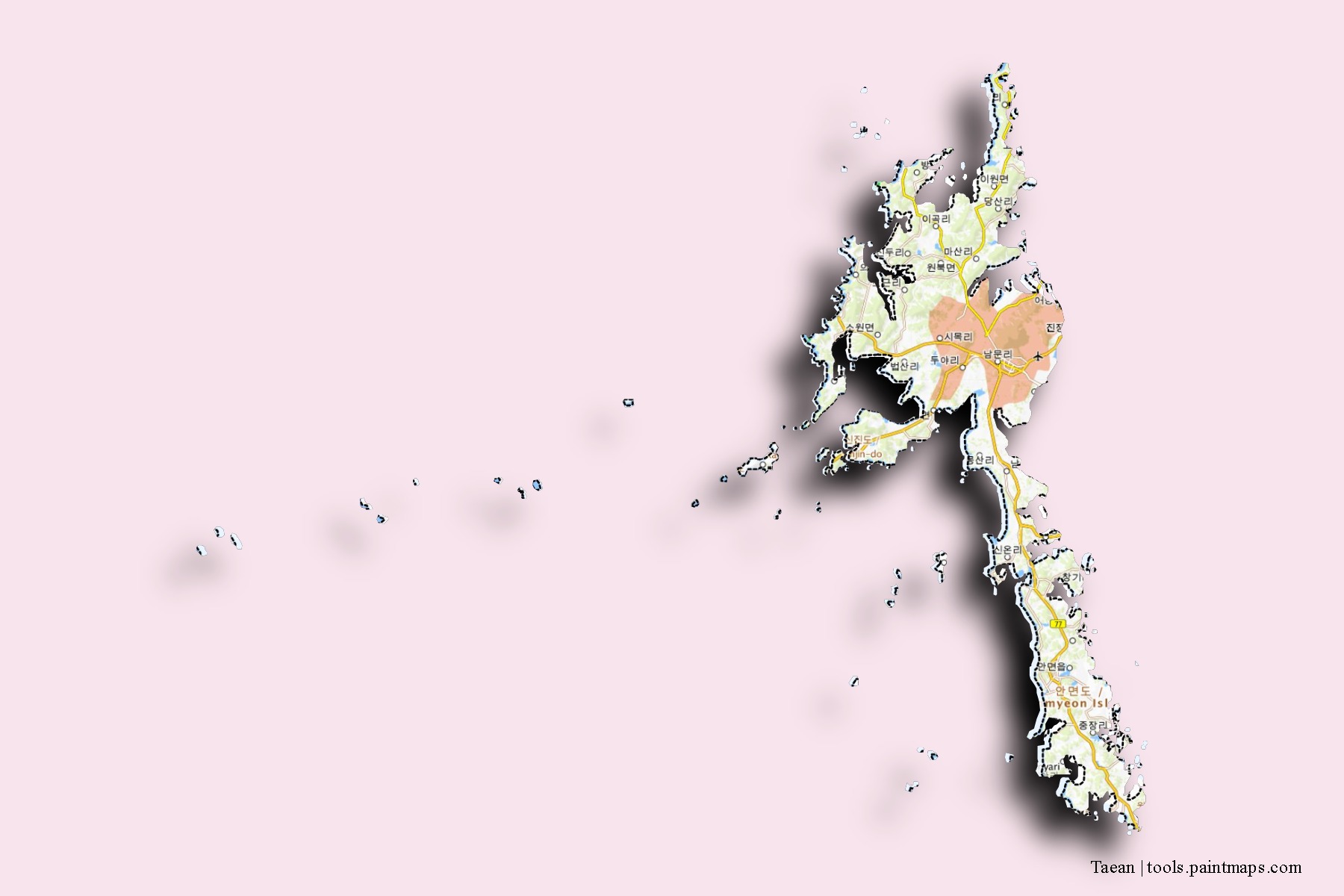 Mapa de barrios y pueblos de Taean con efecto de sombra 3D