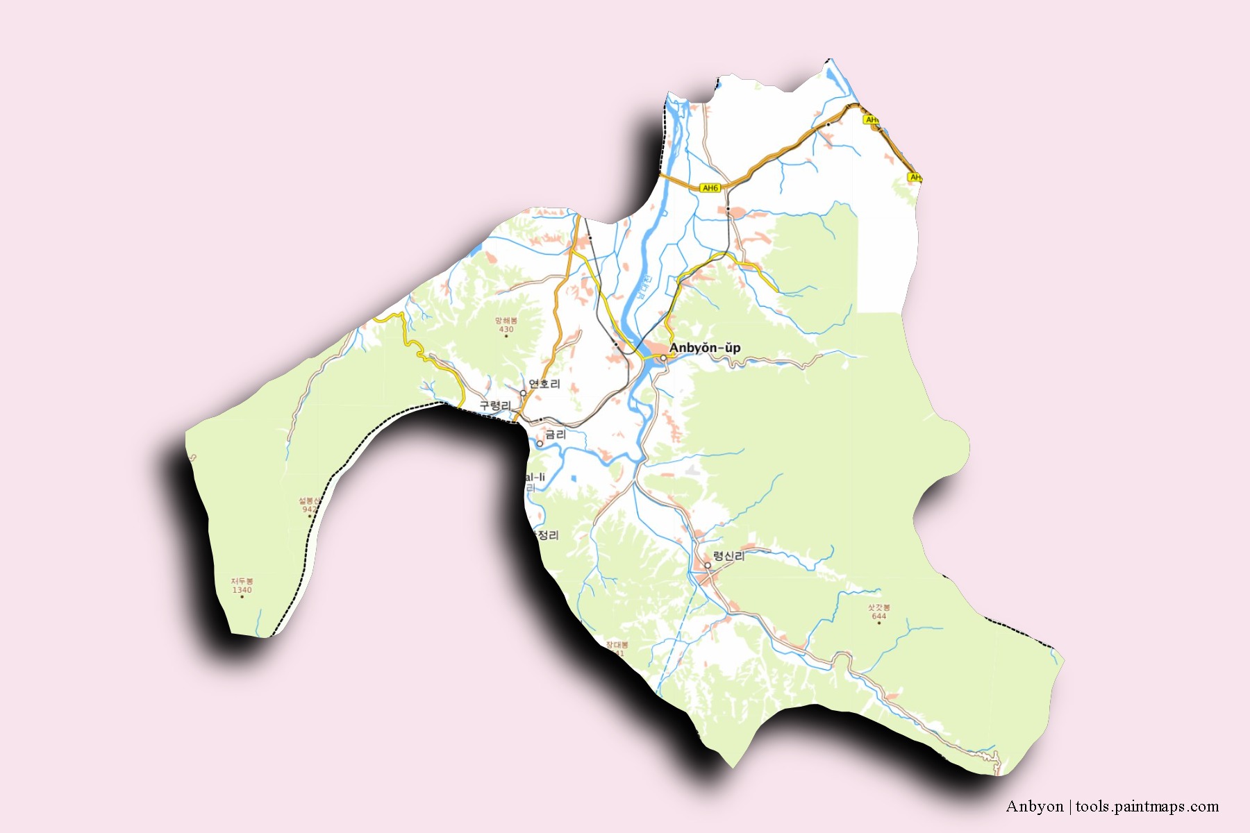 Mapa de barrios y pueblos de Anbyon con efecto de sombra 3D