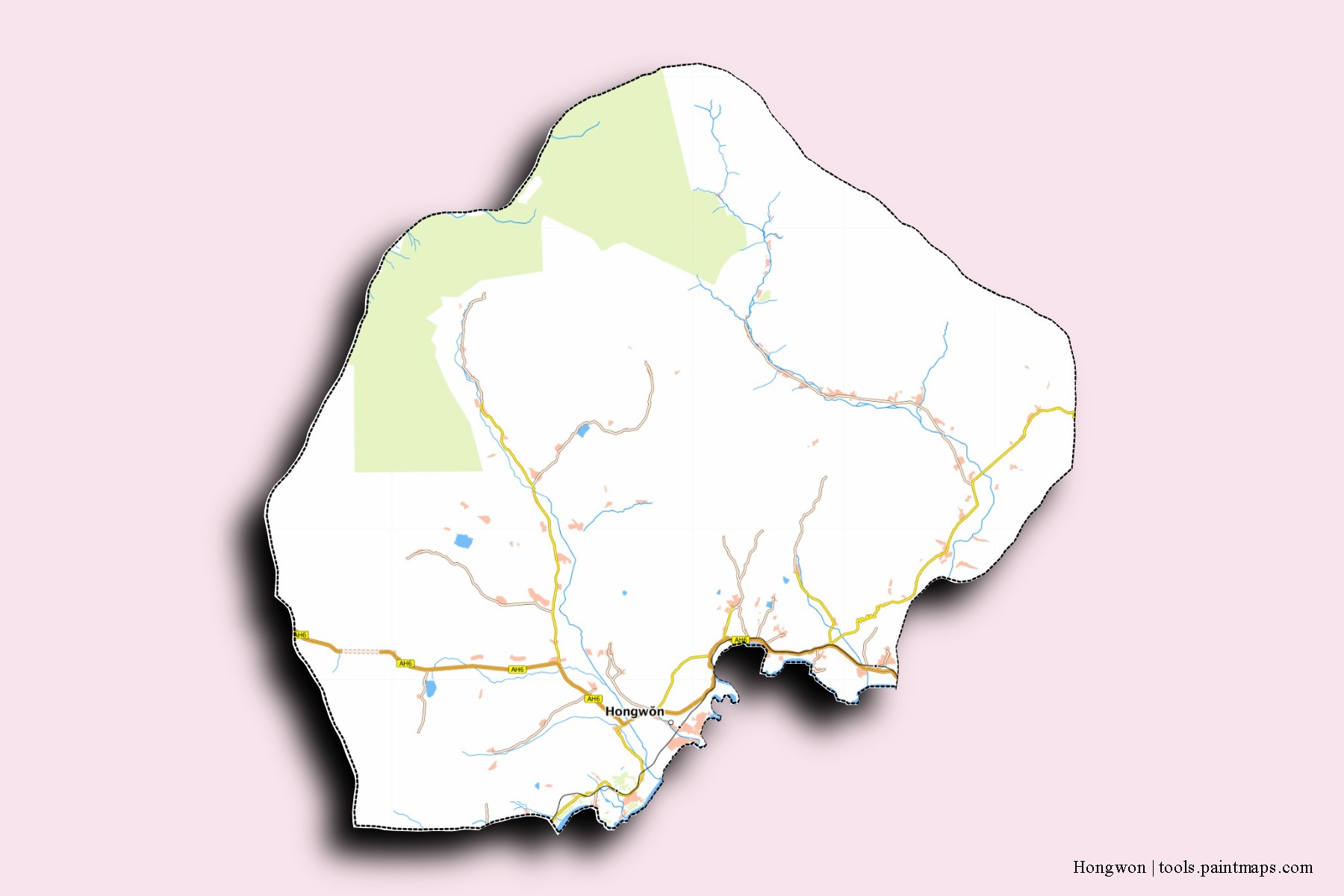 Mapa de barrios y pueblos de Hongwon con efecto de sombra 3D