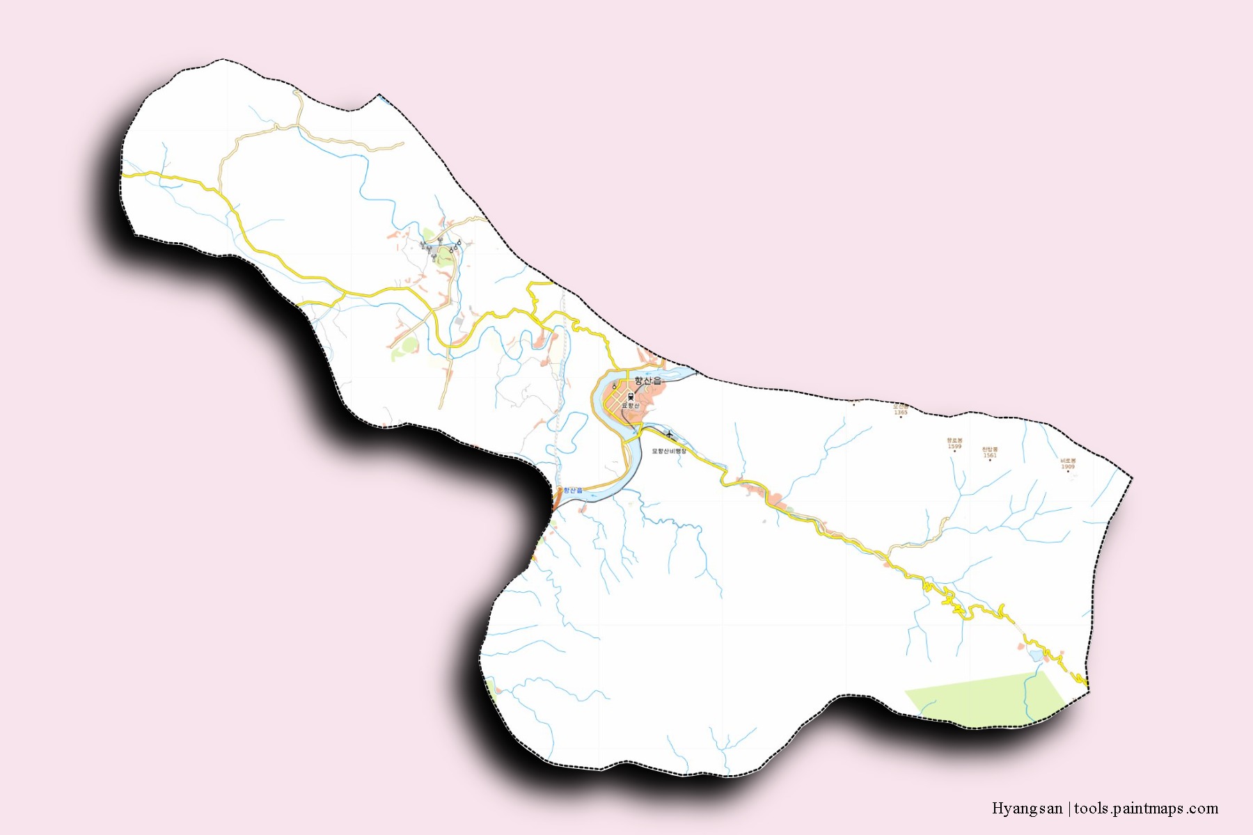 Hyangsan neighborhoods and villages map with 3D shadow effect