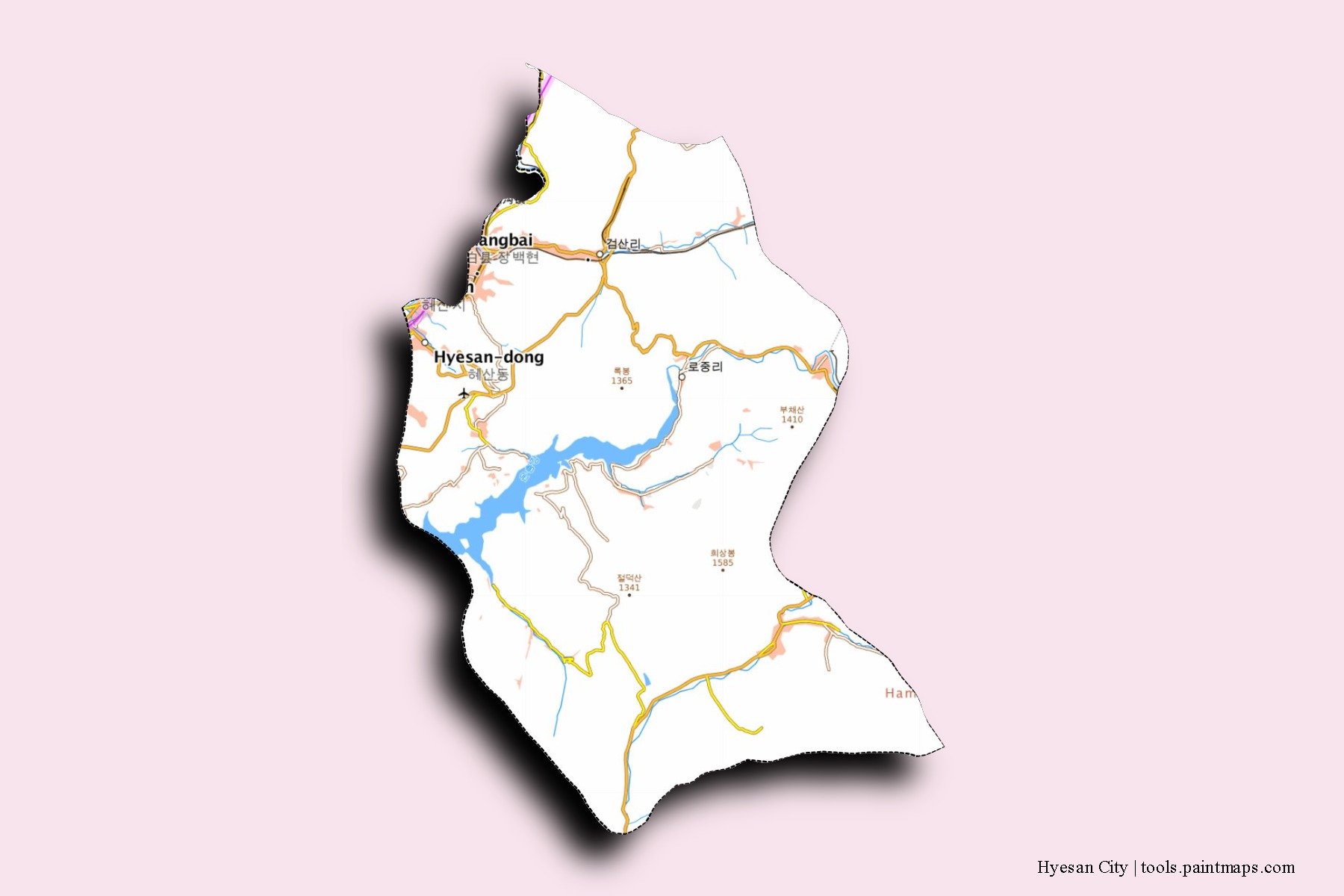 Hyesan neighborhoods and villages map with 3D shadow effect