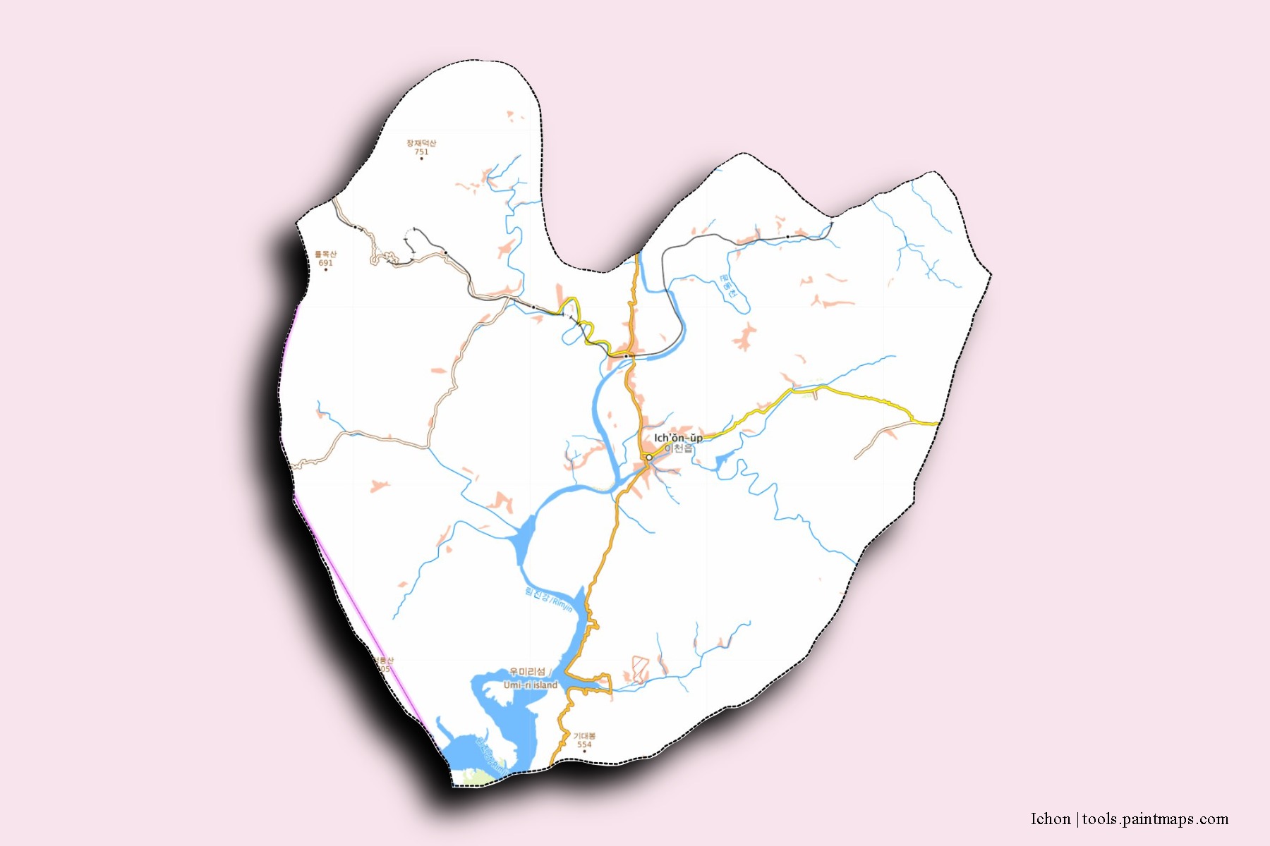 Mapa de barrios y pueblos de Ichon con efecto de sombra 3D