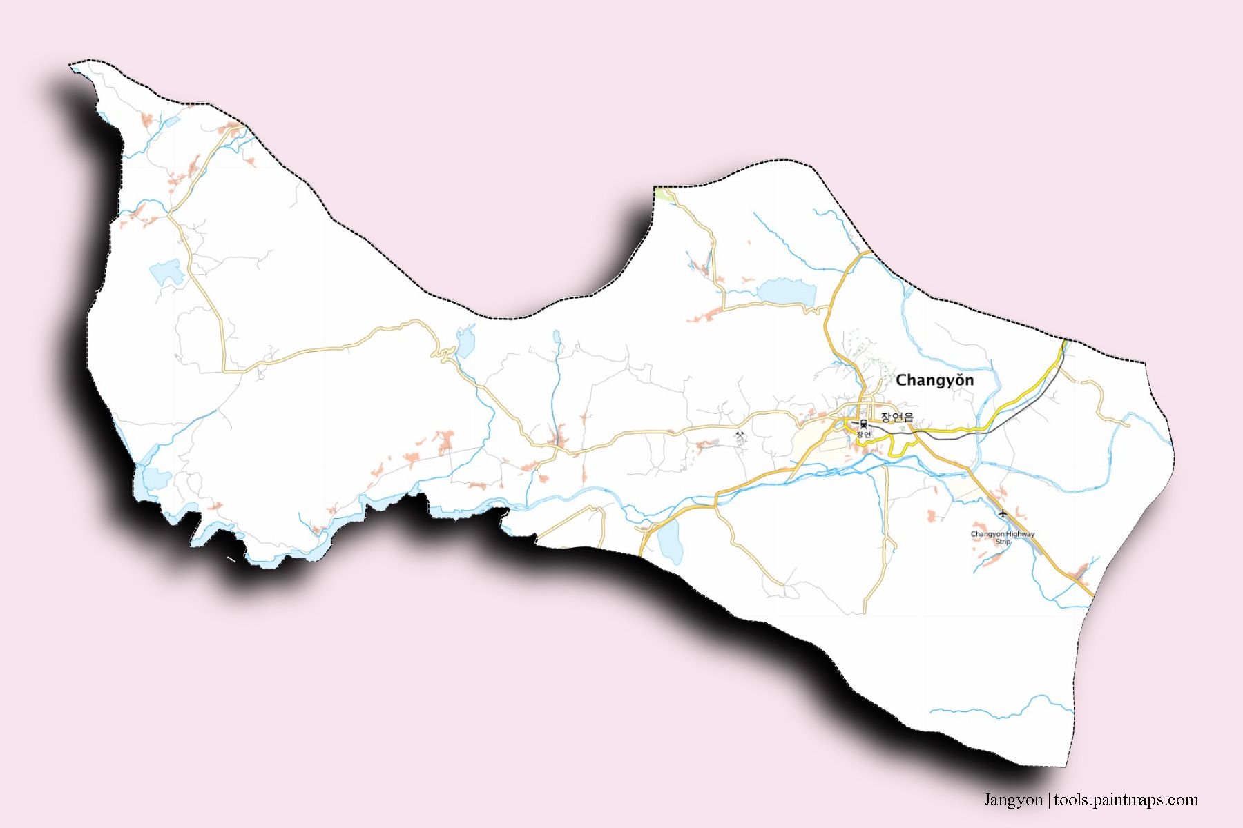 Mapa de barrios y pueblos de Jangyon con efecto de sombra 3D