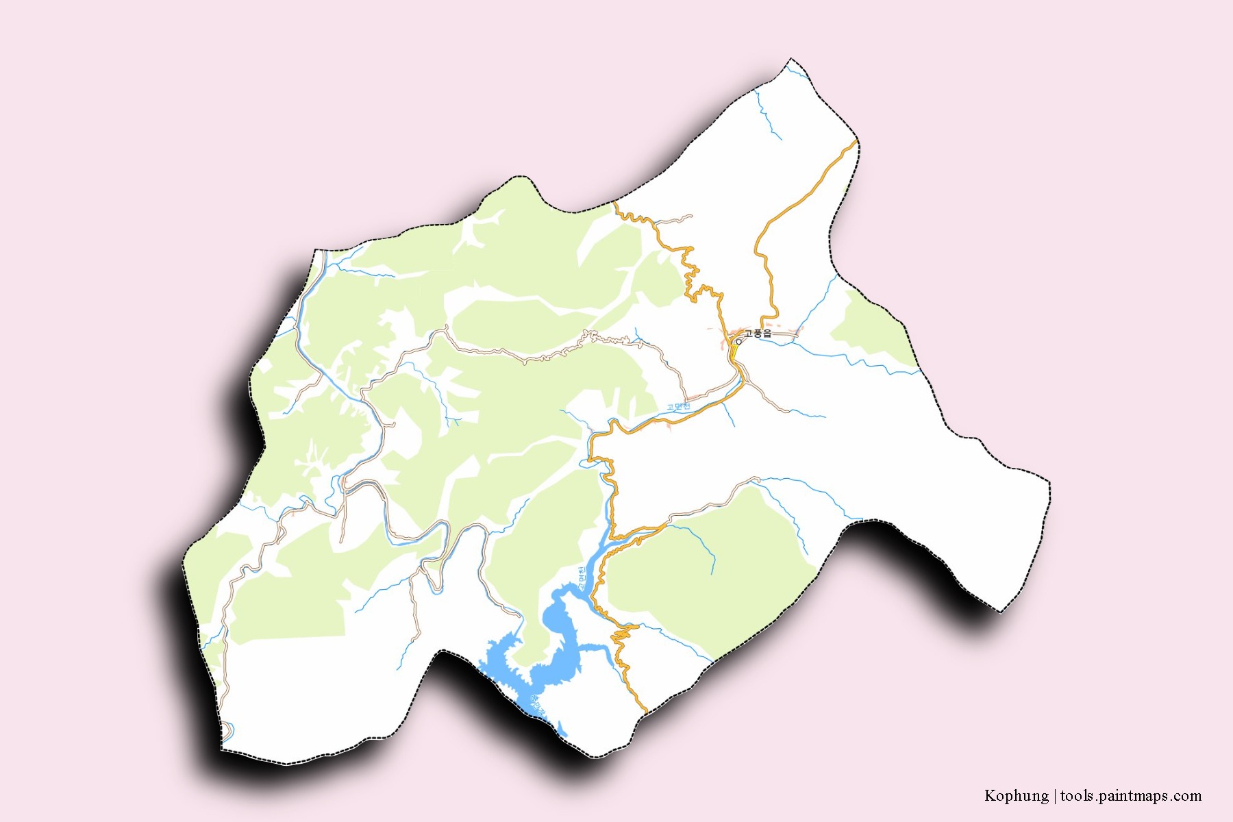 Mapa de barrios y pueblos de Kophung con efecto de sombra 3D