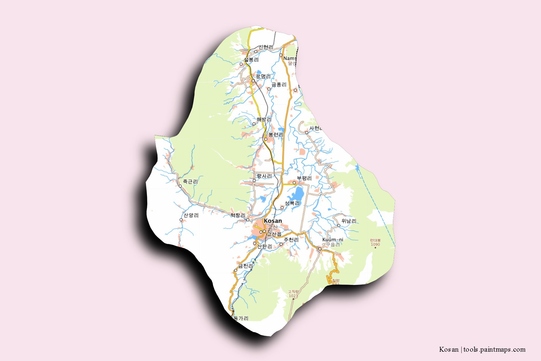 Kosan neighborhoods and villages map with 3D shadow effect