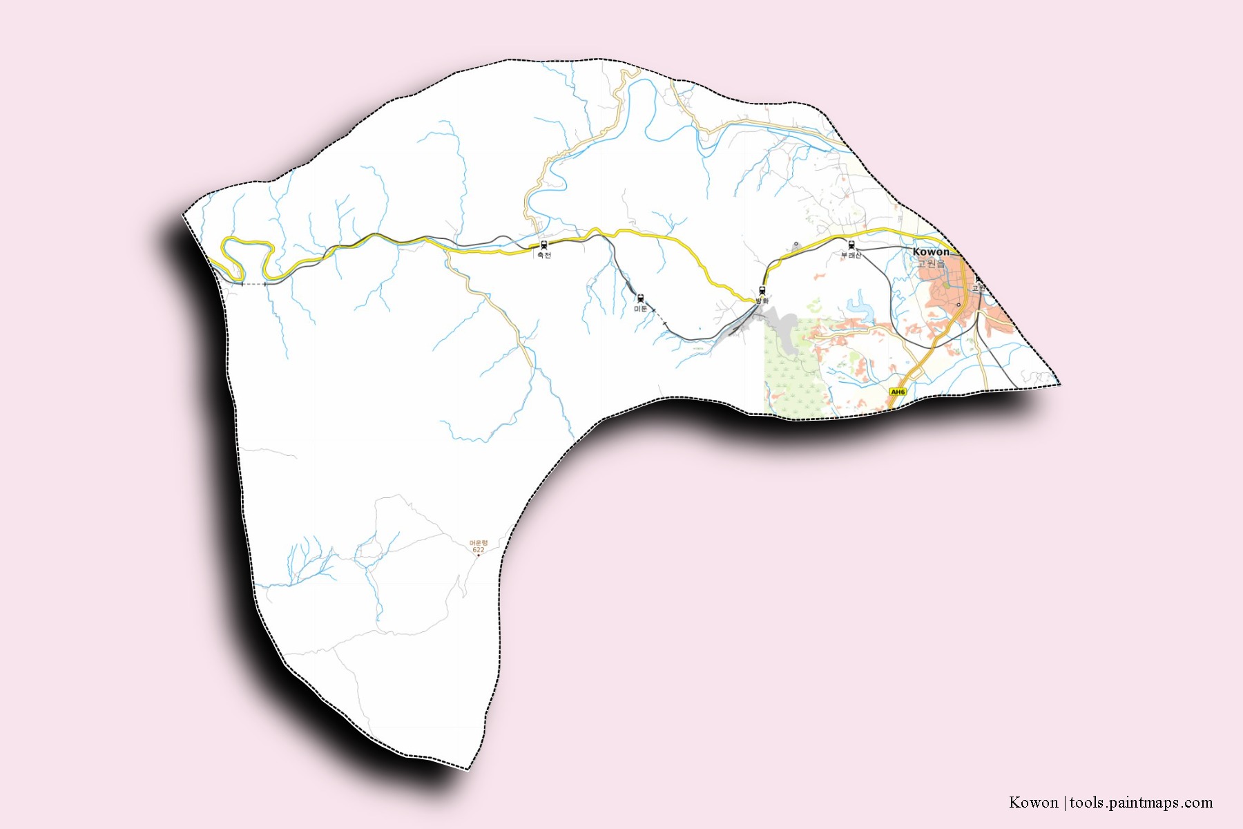 Kowon neighborhoods and villages map with 3D shadow effect