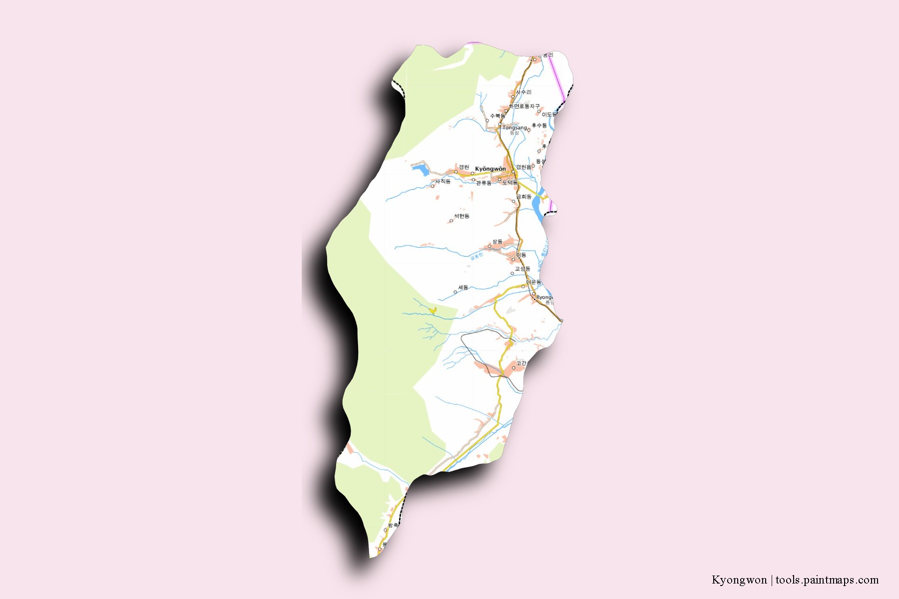 Mapa de barrios y pueblos de Kyongwon con efecto de sombra 3D