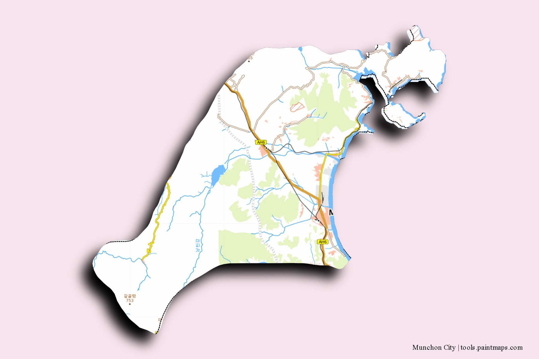 Mapa de barrios y pueblos de Munchon City con efecto de sombra 3D